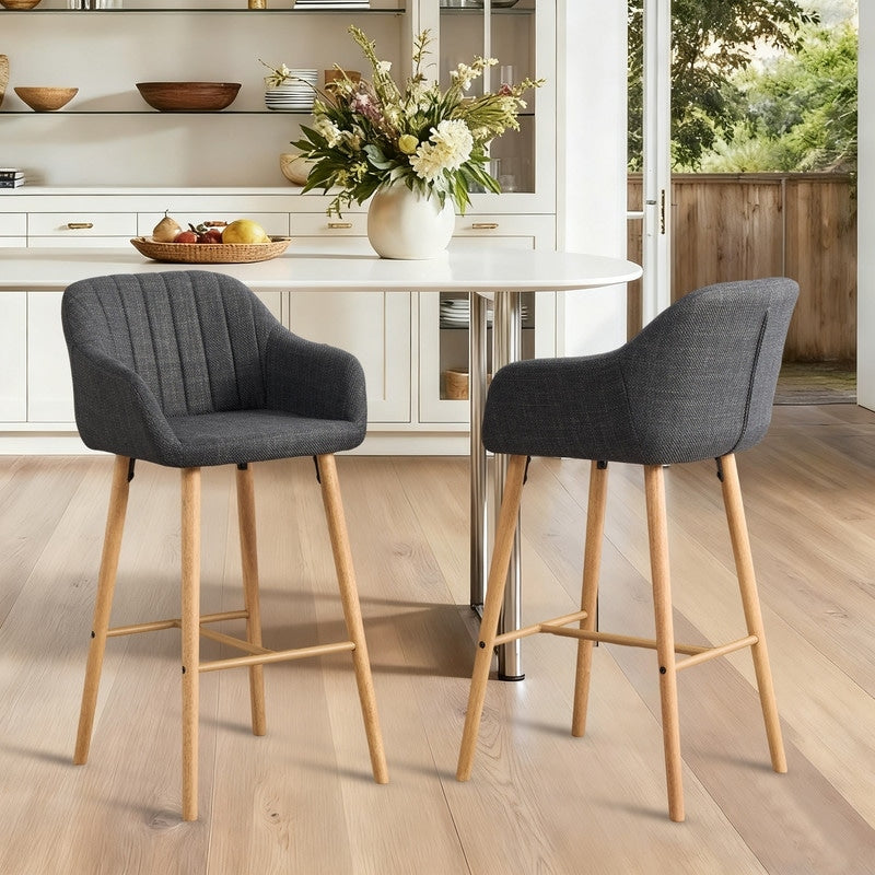 Linen Upholstered Ergonomically Designed Solid Wood Leg Tall Bar Stools Set Of 2
