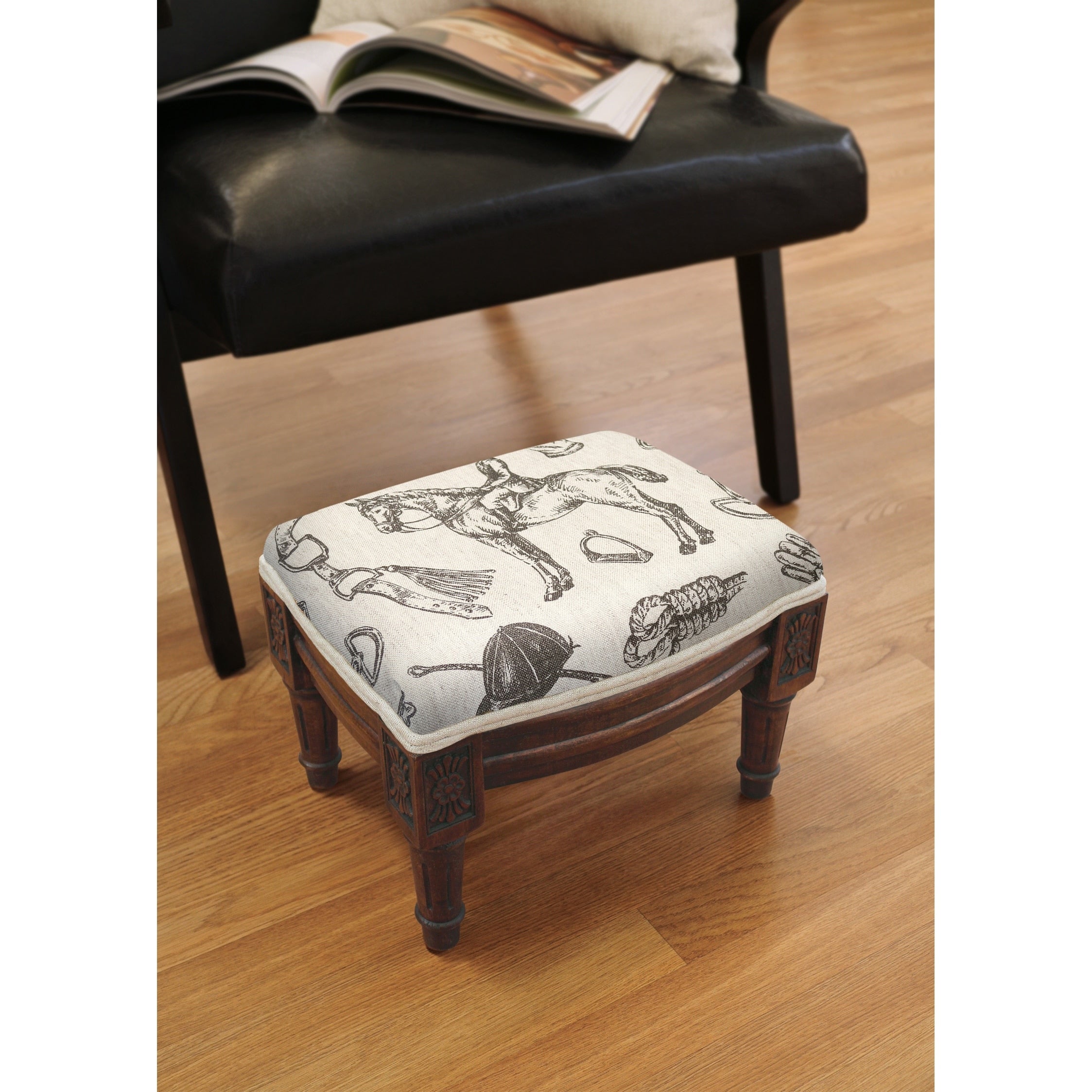 Linen Wood Foam Equestrian Footstool With Wood Stain Finish And Nail Heads