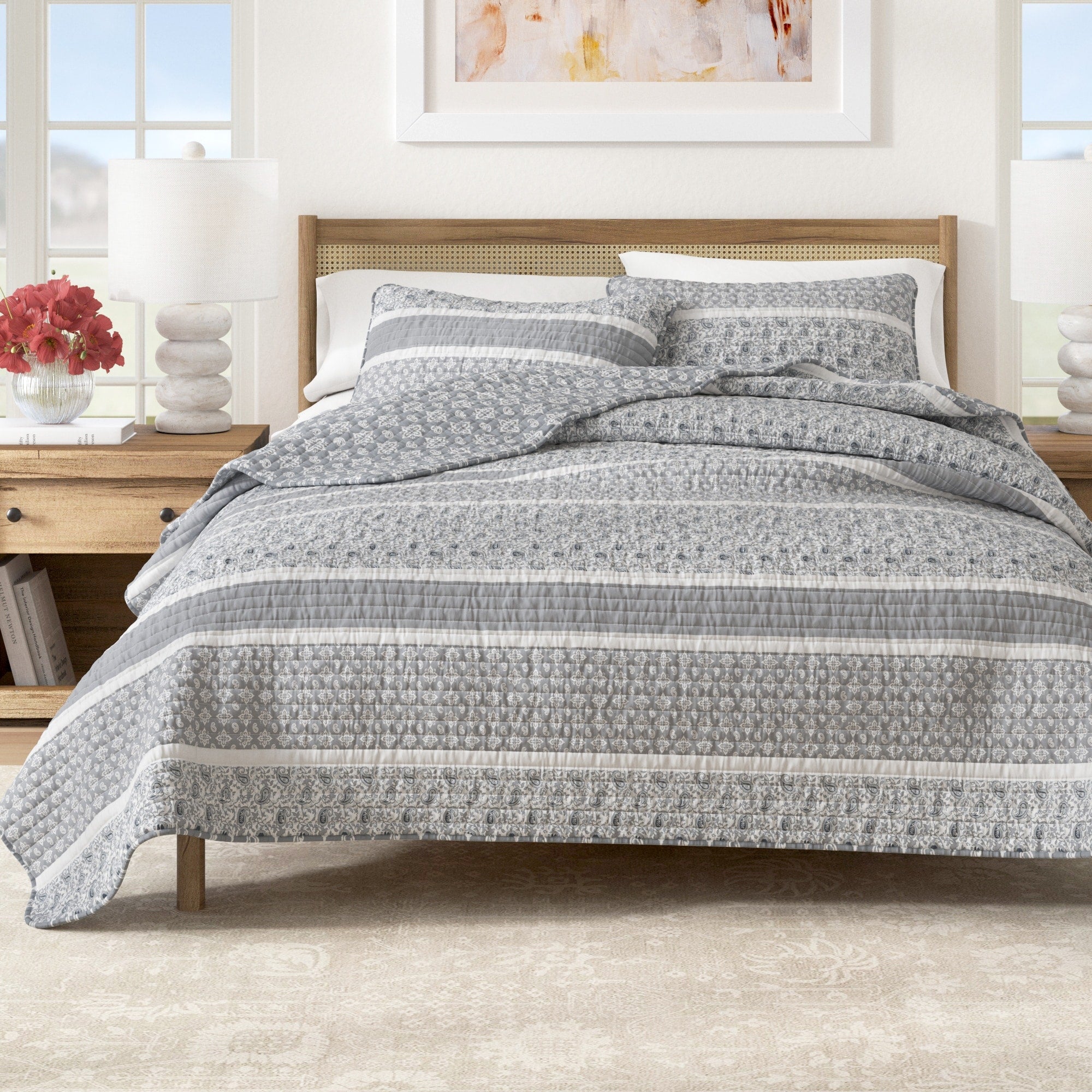 Kadi Collection 3 Piece Reversible Striped Printed Quilt Set With Shams