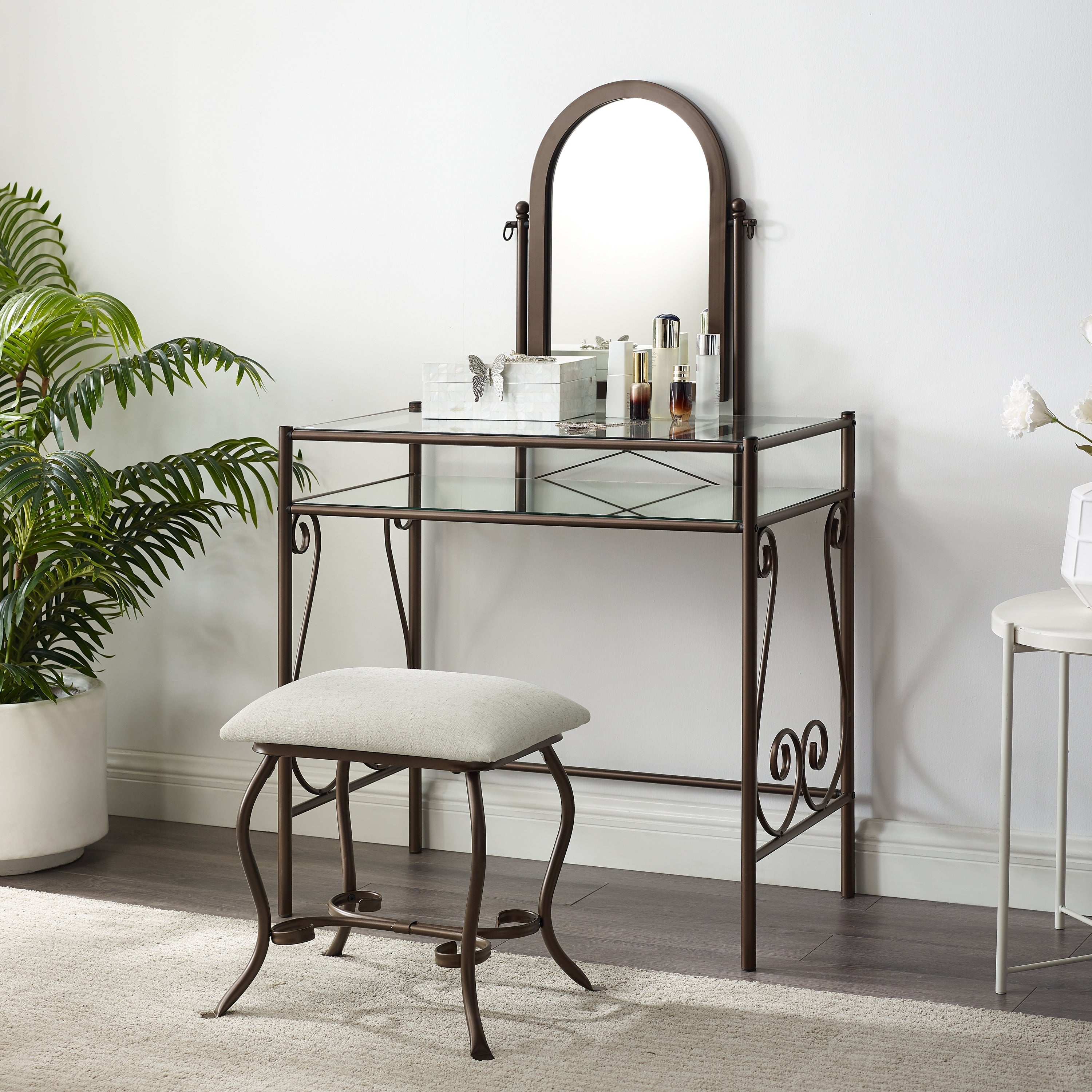 Linon Angelica Glass Top Metal Vanity Table Stool Mirror