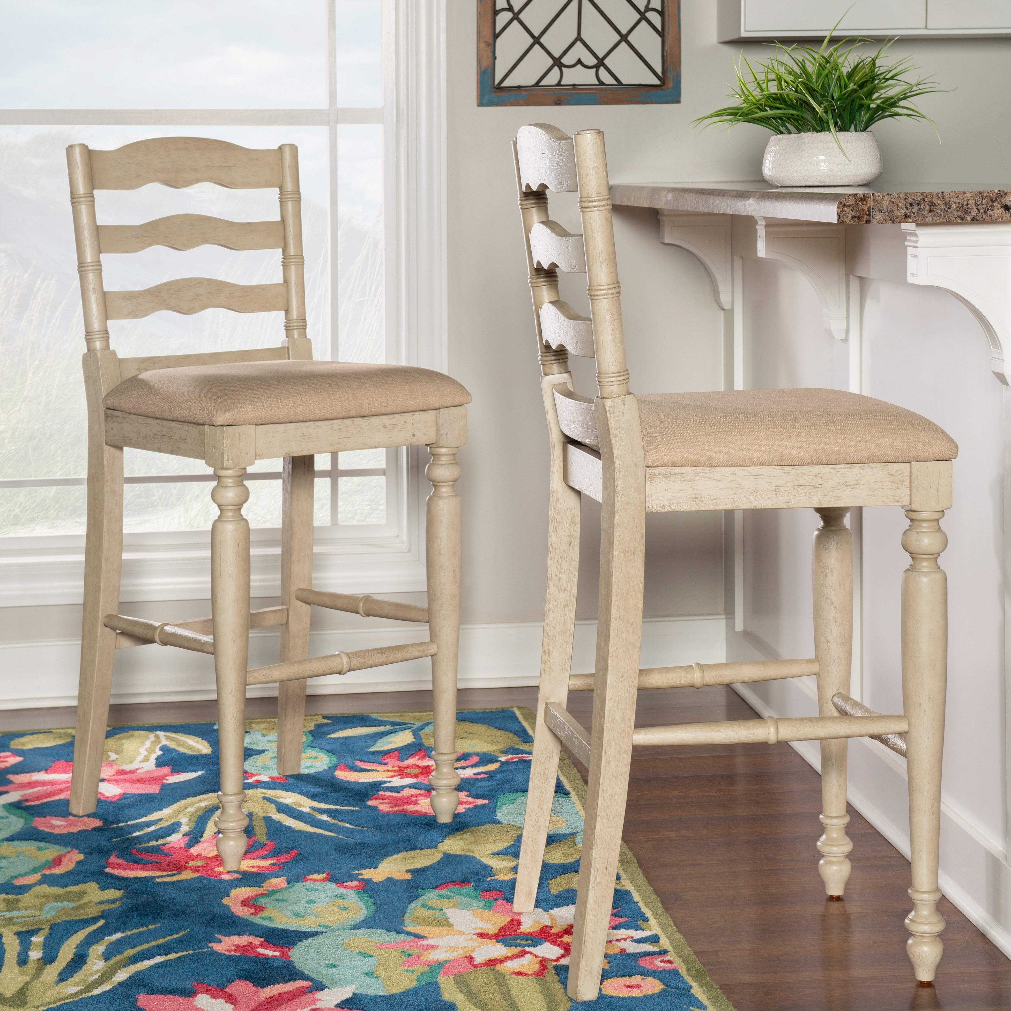 Linon Katy Distressed White Washed Rubberwood Bar Stool With Fabric Cushion