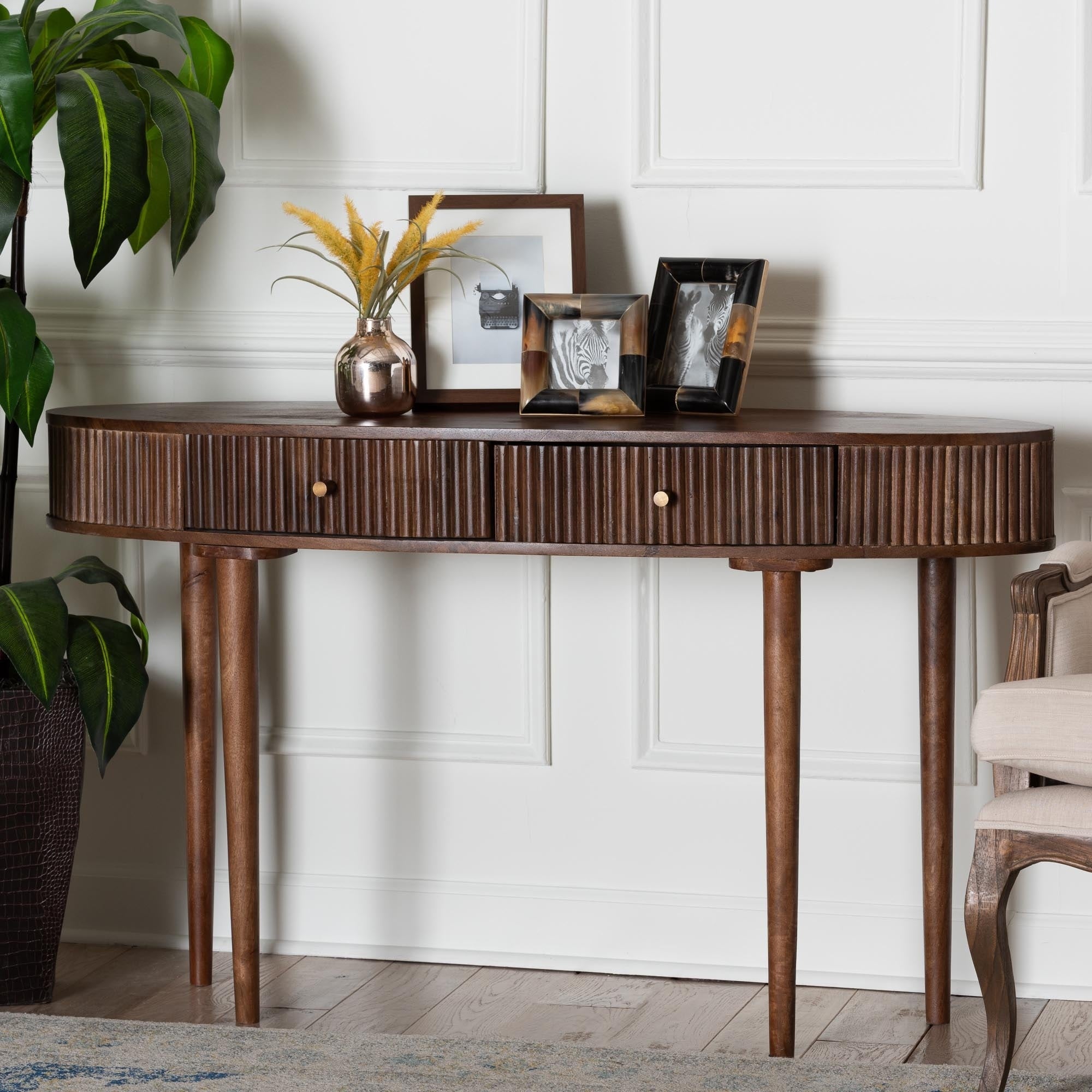 Linore Fluted Wood Console Table 2 Drawer Oval Accent Table For Living Room Or Entryway
