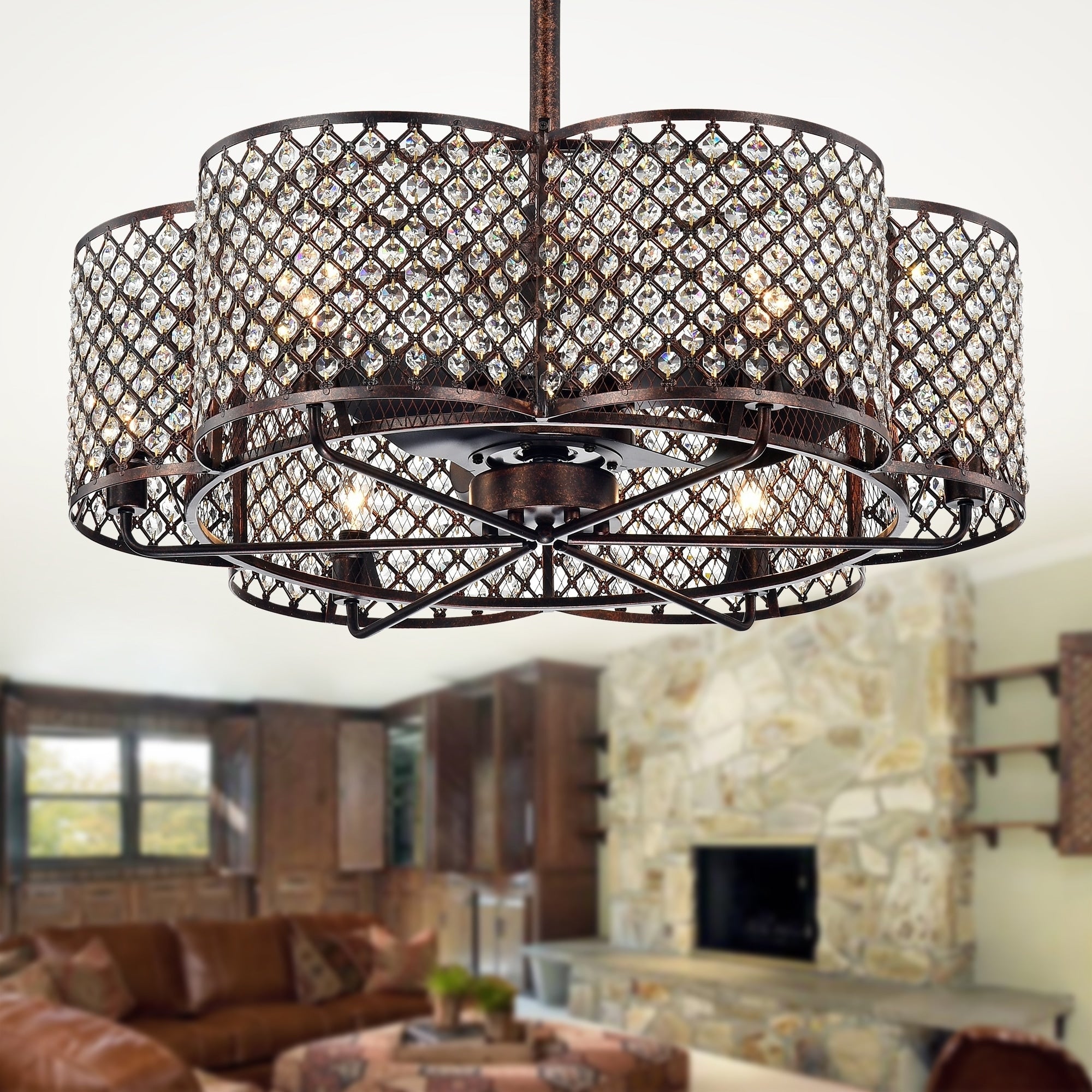 Linza 30 Inch Rustic Bronze Crystal Fandelier Flower Lighted Ceiling 30.1 In X H 29.5 In