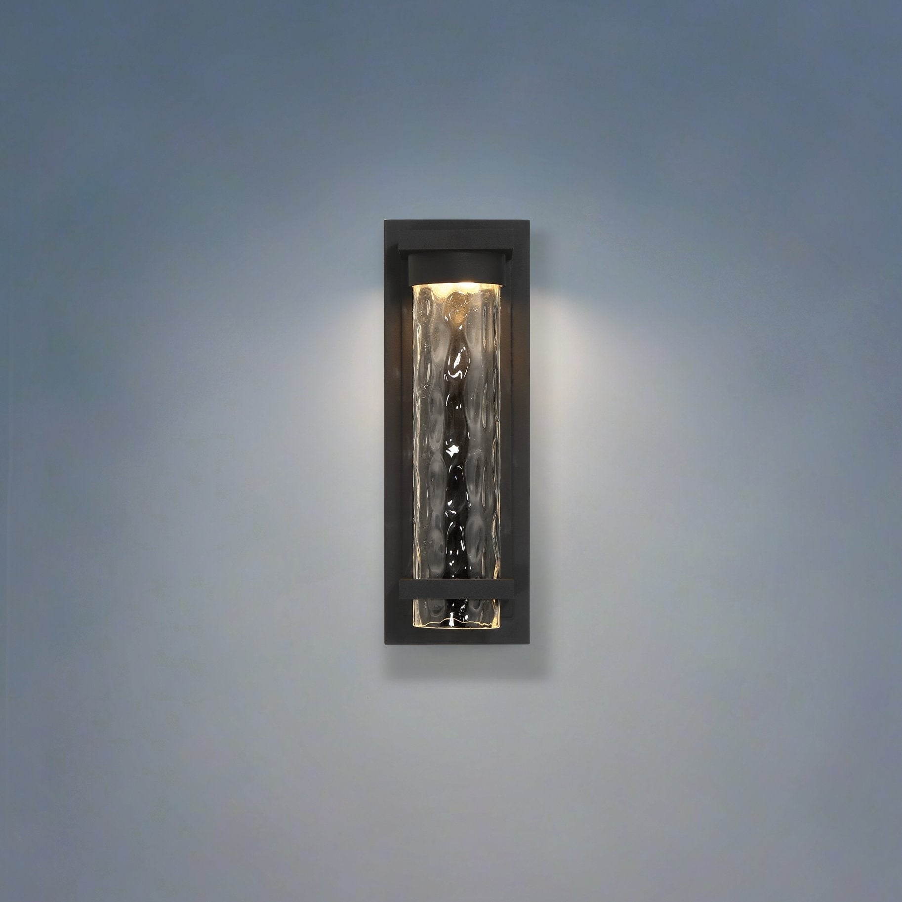 Lionel 14 Inch Textured Black Led Exterior Wall Sconce With Clear Water Glass Shade
