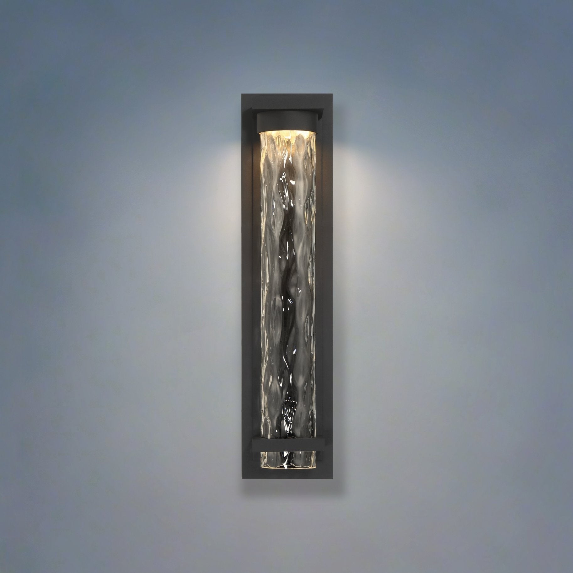 Lionel 20 Inch Textured Black Led Exterior Wall Sconce With Clear Water Glass Shade