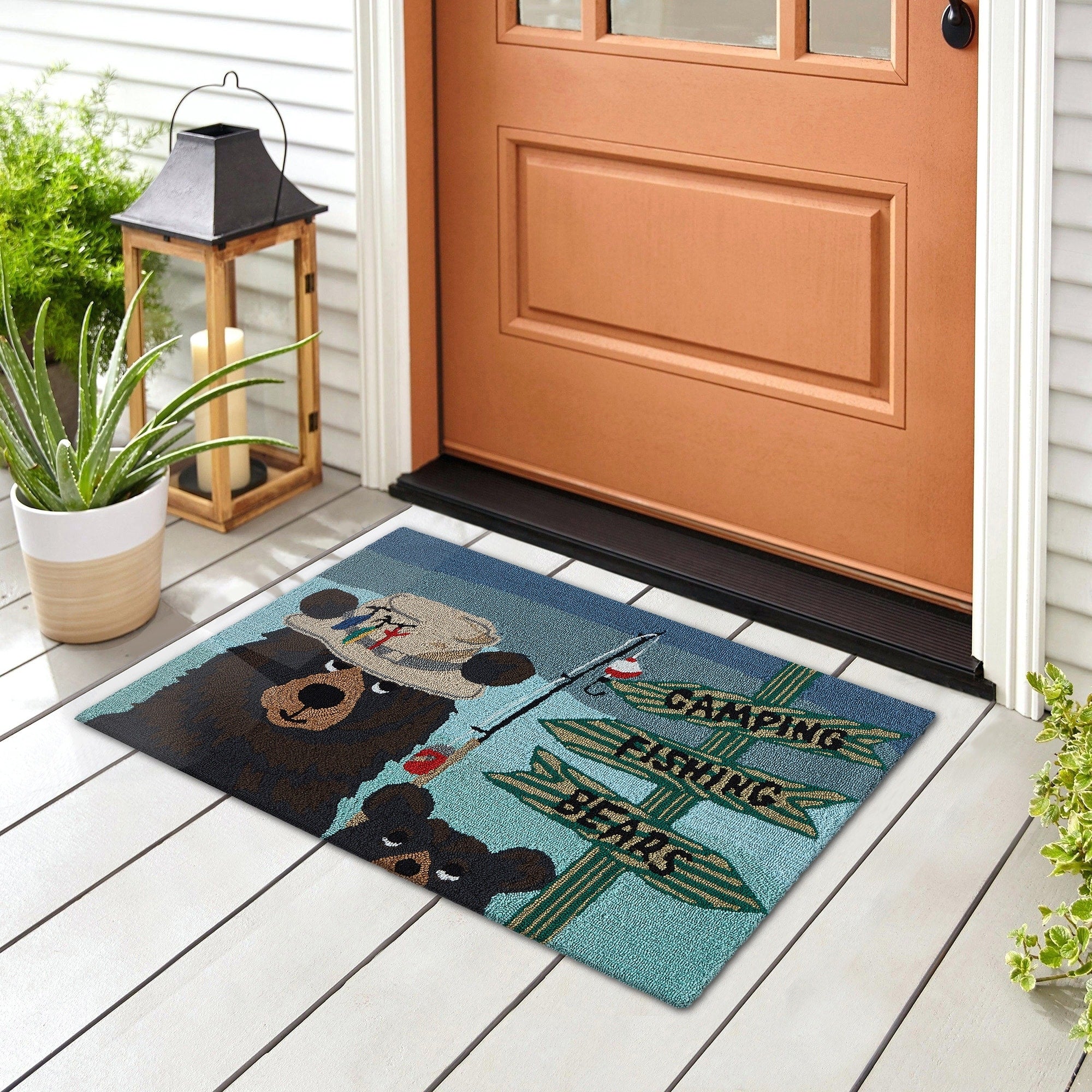 Liora Manne Frontporch Fishing Bears Indoor Outdoor Rug Green.