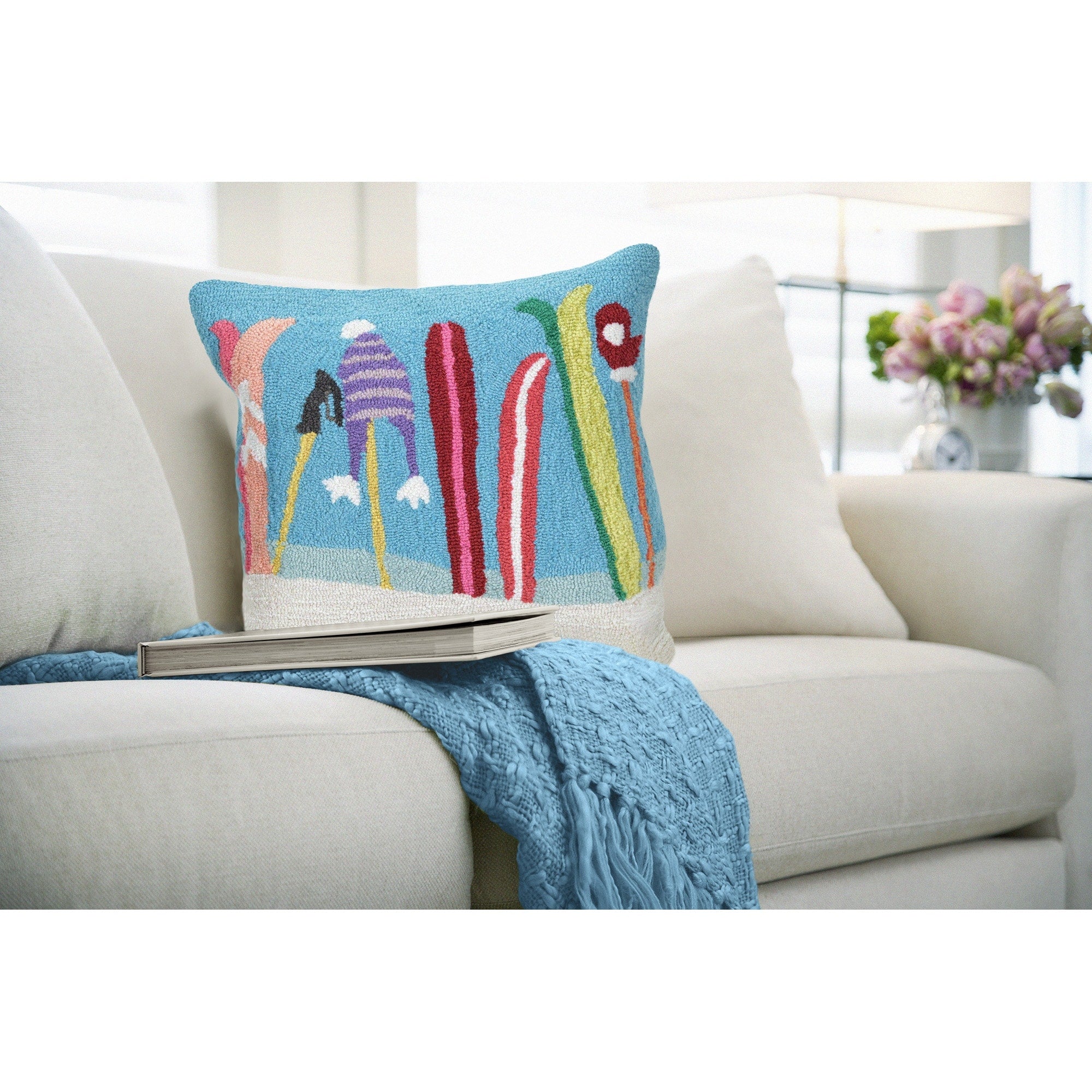 Liora Manne Frontporch Gone Skiing Indoor Outdoor Pillow Blue 18 Square