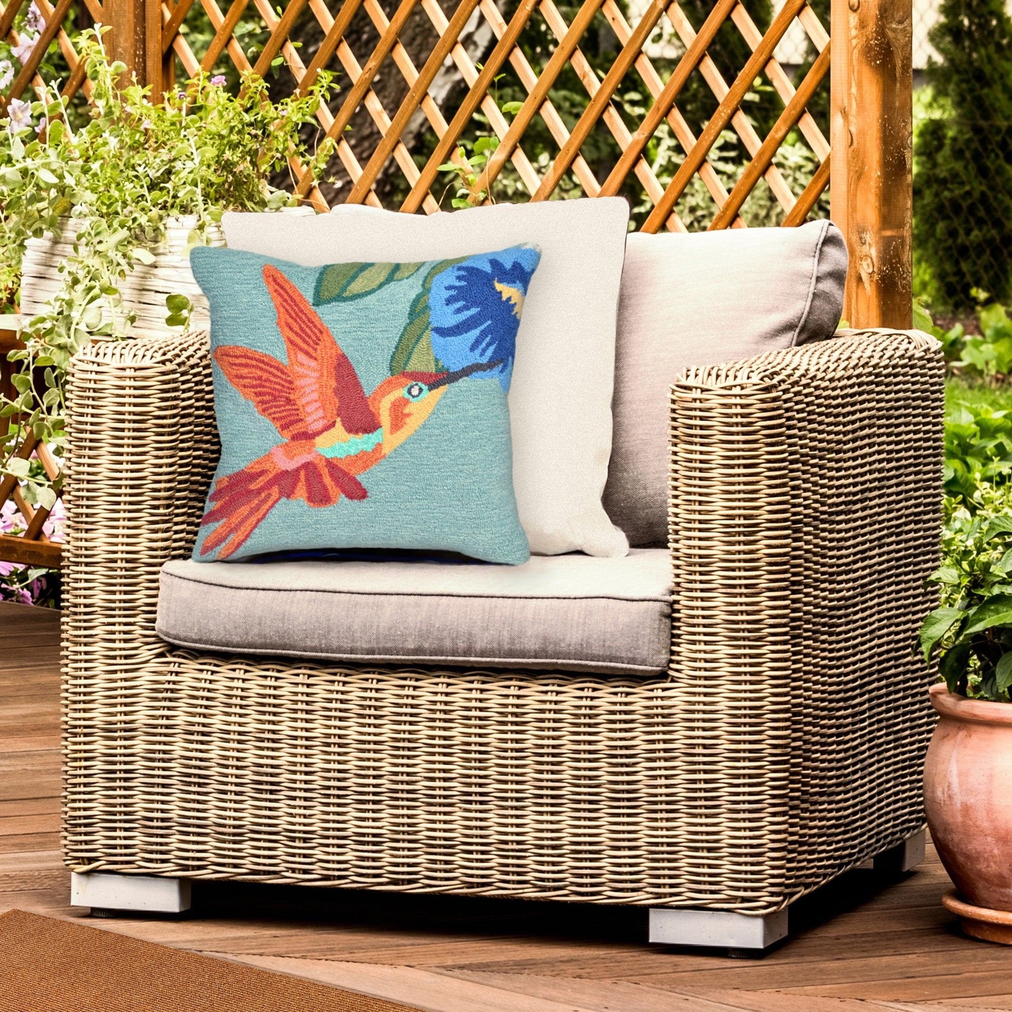 Liora Manne Frontporch Hummingbird Indoor Outdoor Pillow Sky 18 Square