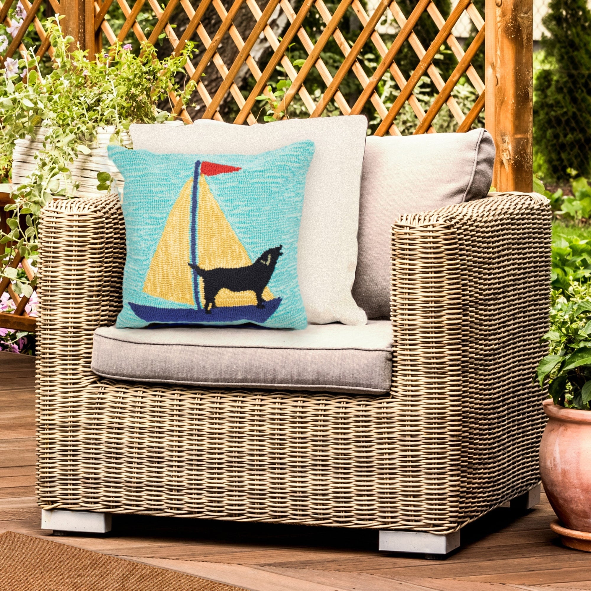 Liora Manne Frontporch Sailing Dog Indoor Outdoor Pillow Yellow 18 Square