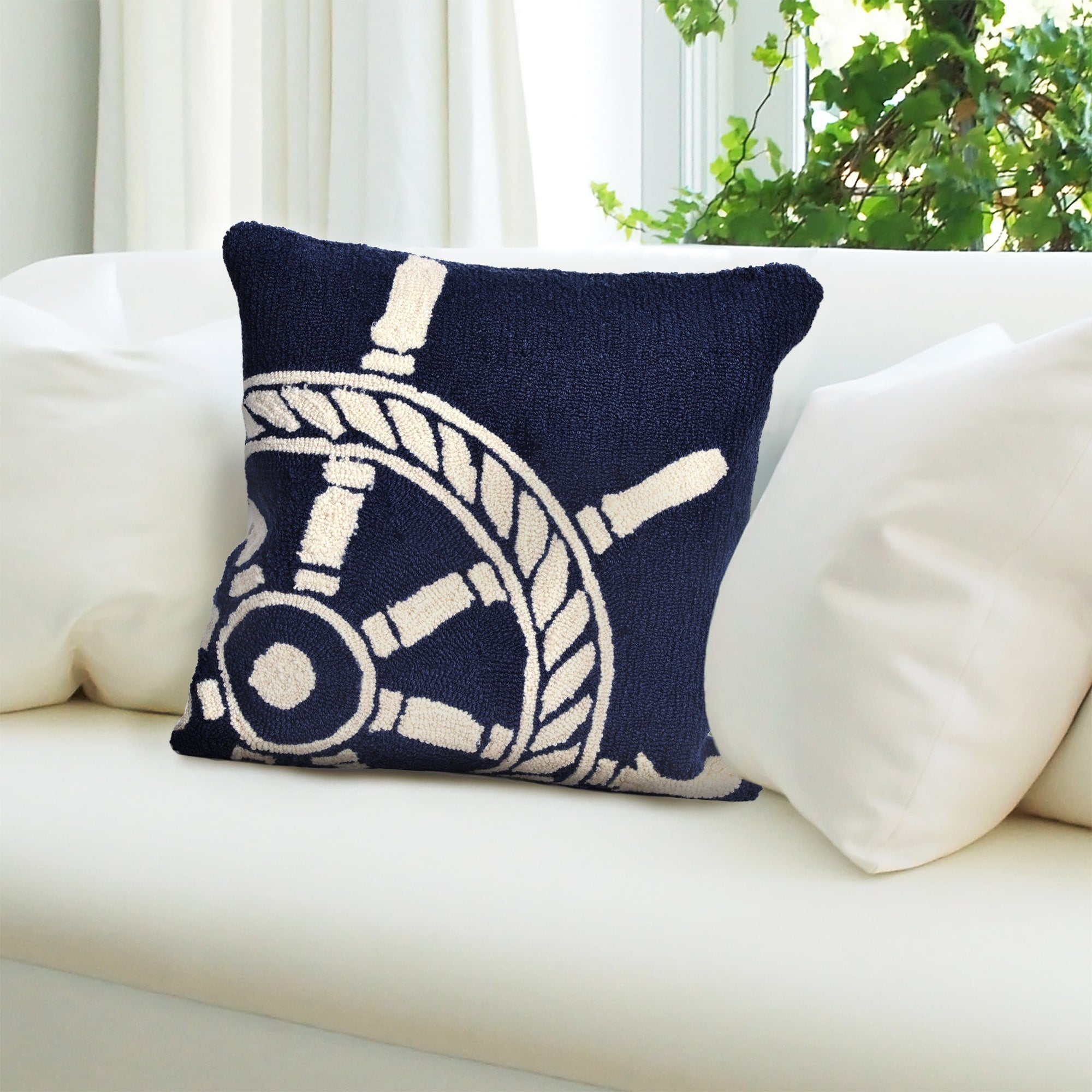 Liora Manne Frontporch Ship Wheel Indoor Outdoor Pillow Navy 18 Square