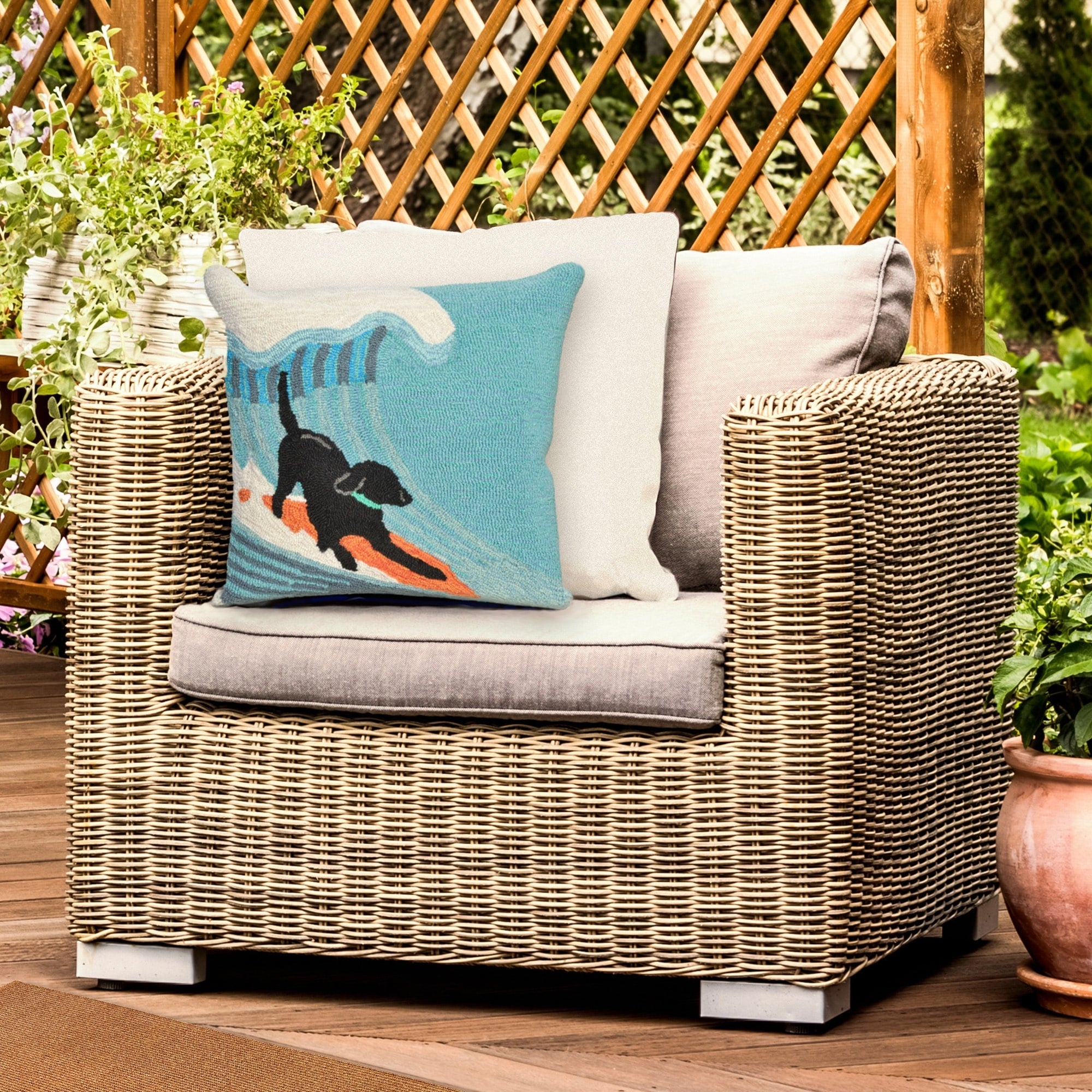 Liora Manne Frontporch Surfing Dog Indoor Outdoor Pillow Ocean 18 Square