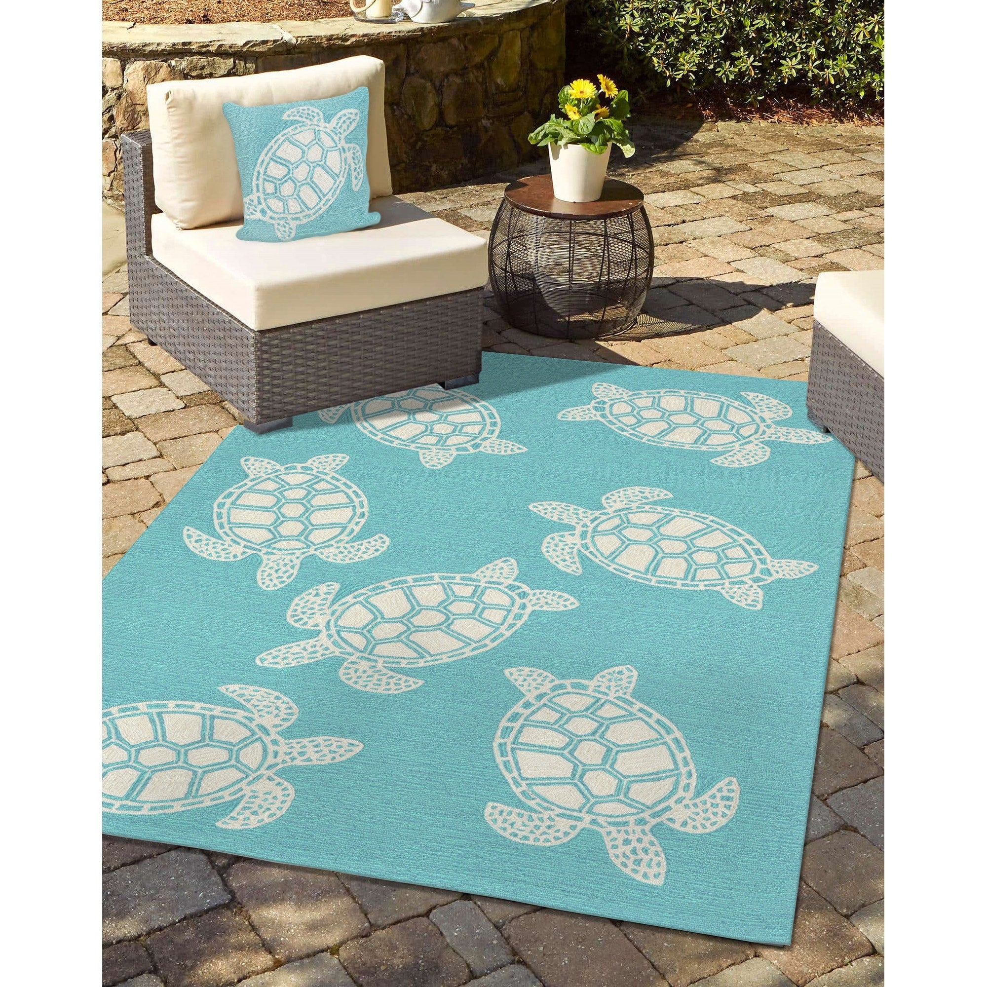 Liora Manne Frontporch Turtle Indoor Outdoor Pillow Aqua 18 Square