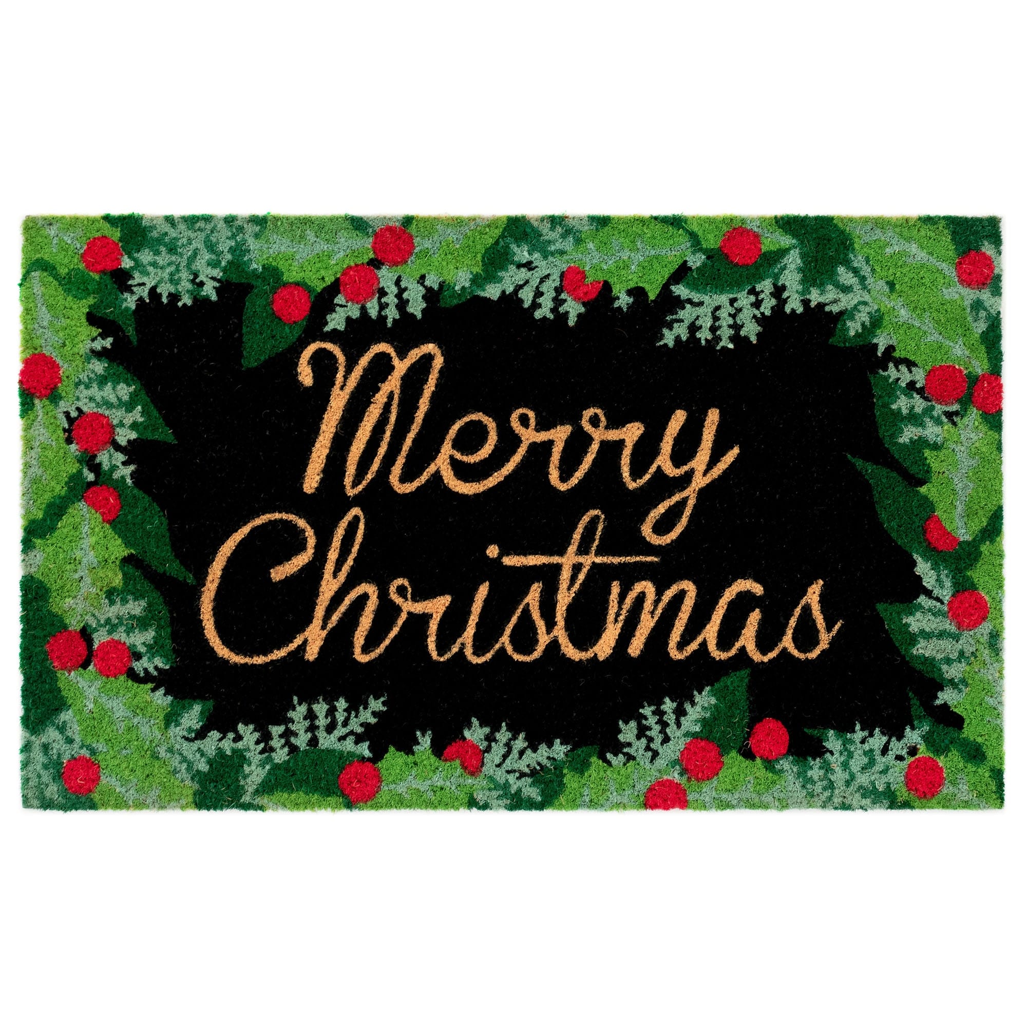 Liora Manne Natura Merry Christmas Holly Outdoor Mat Black 18 X30