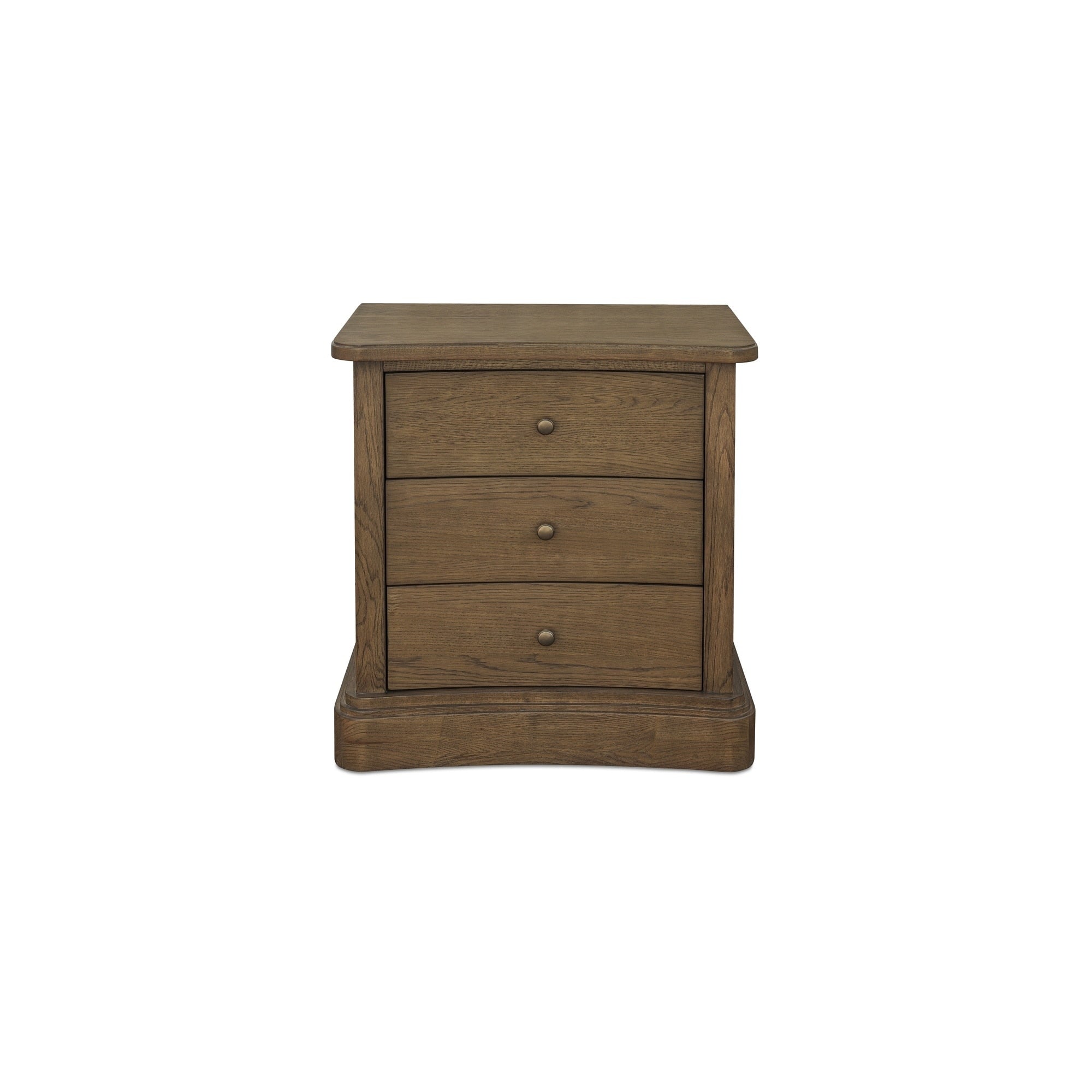 Lioren Nightstand Solid Oak Soft Curved Front Three Drawers Brass Handles Warm Brown