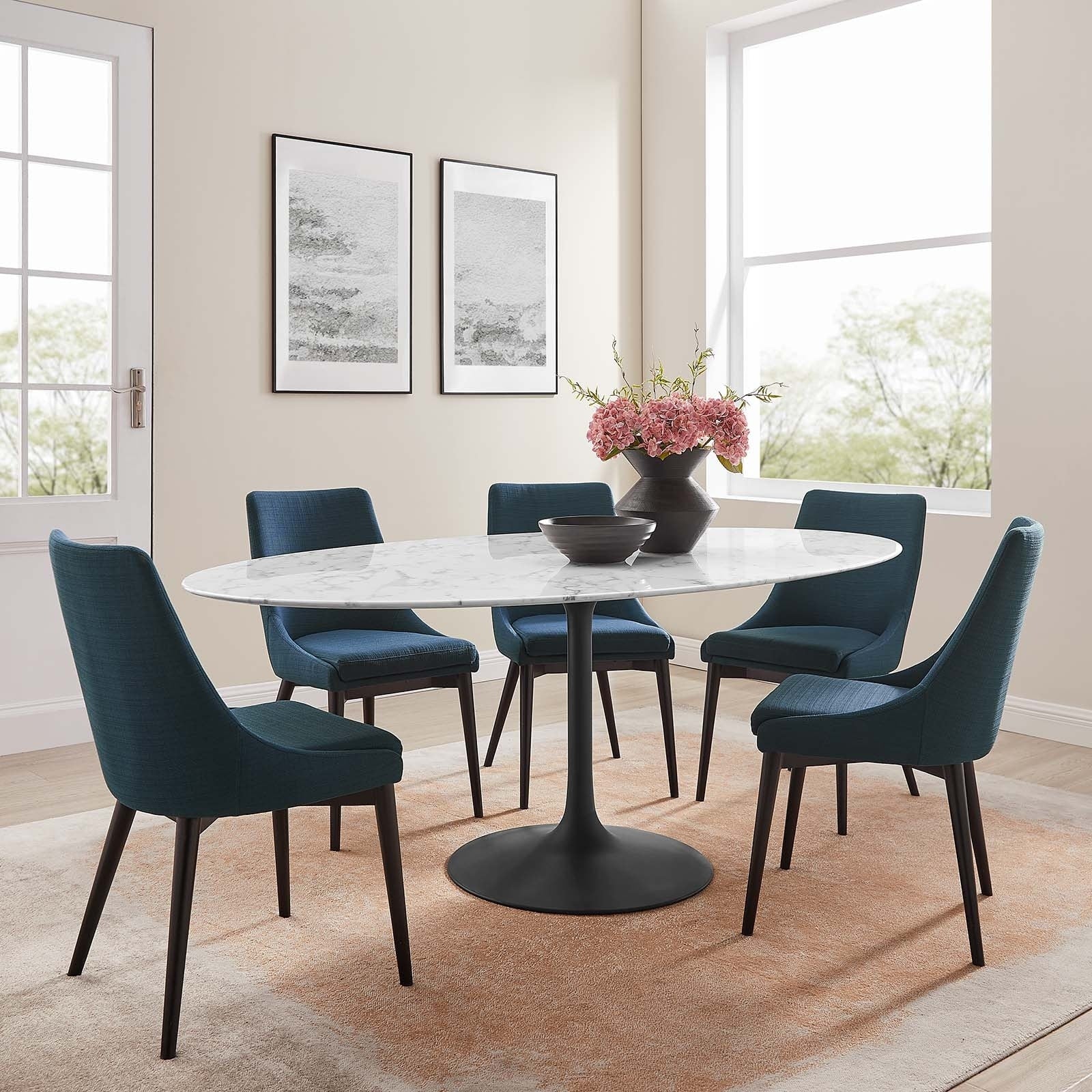Silver Orchid Brunette Marble Top Metal Base Oval Dining Table