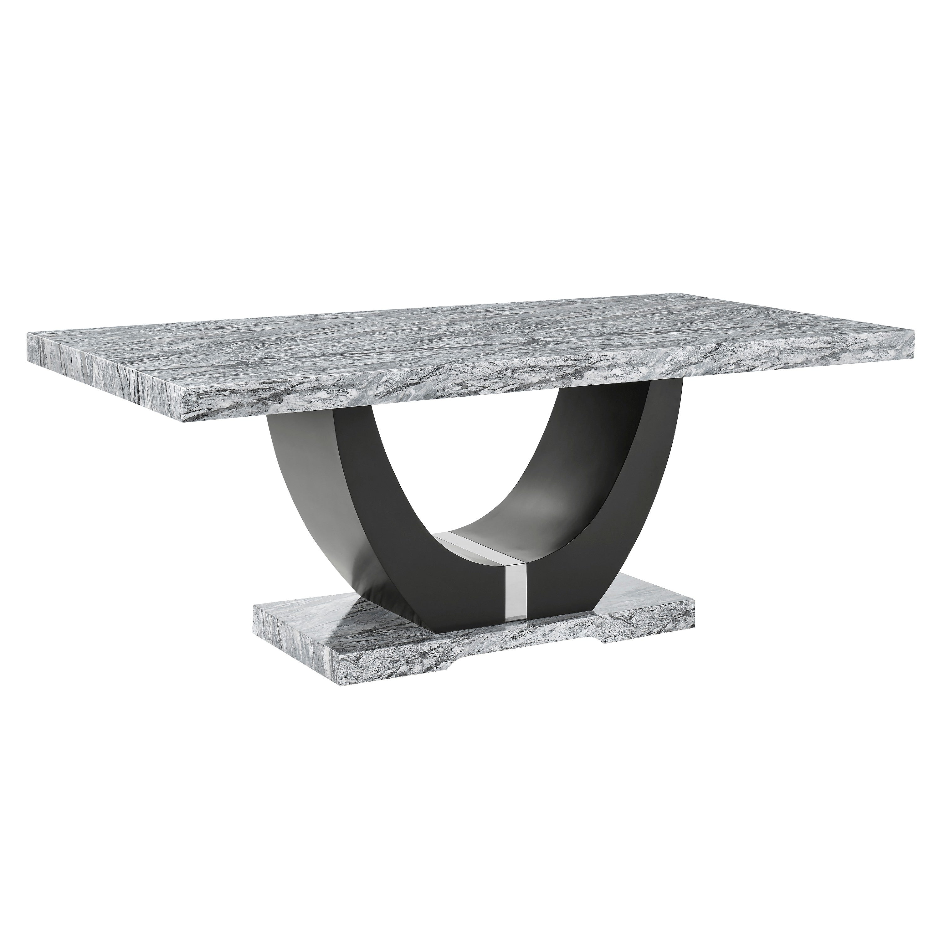 Lira Dining Table 78 Inch Faux Marble Top Black U Shaped Pedestal