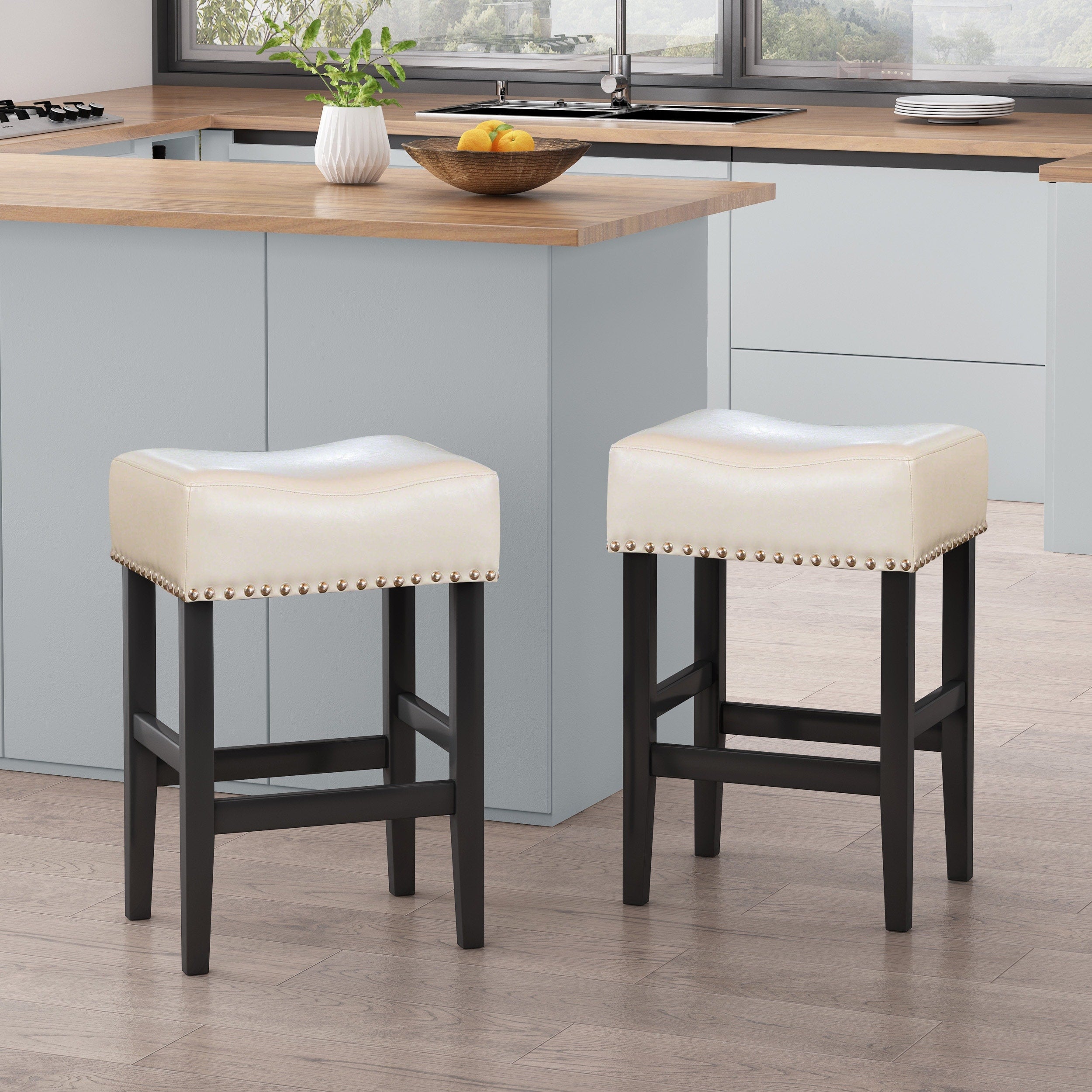 Lisette 26 Inch Backless Ivory Leather Counter Stool Set Of 2 By Christopher Knight Home