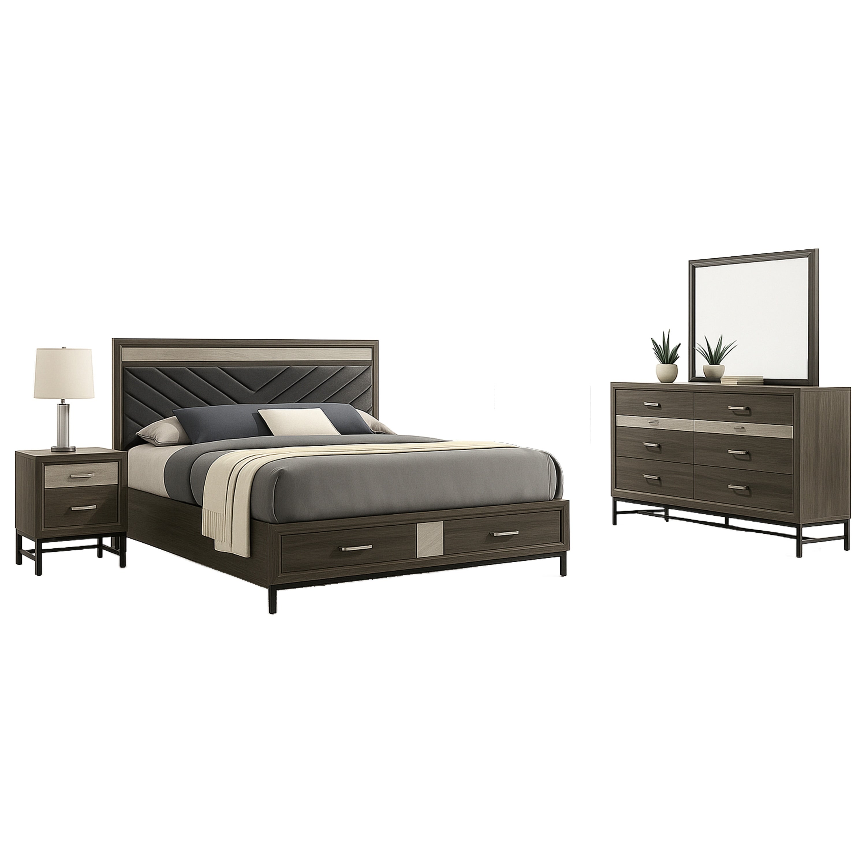 Lito 4Pc Complete Queen Bedroom Set Gray Upholstery Footboard Drawers