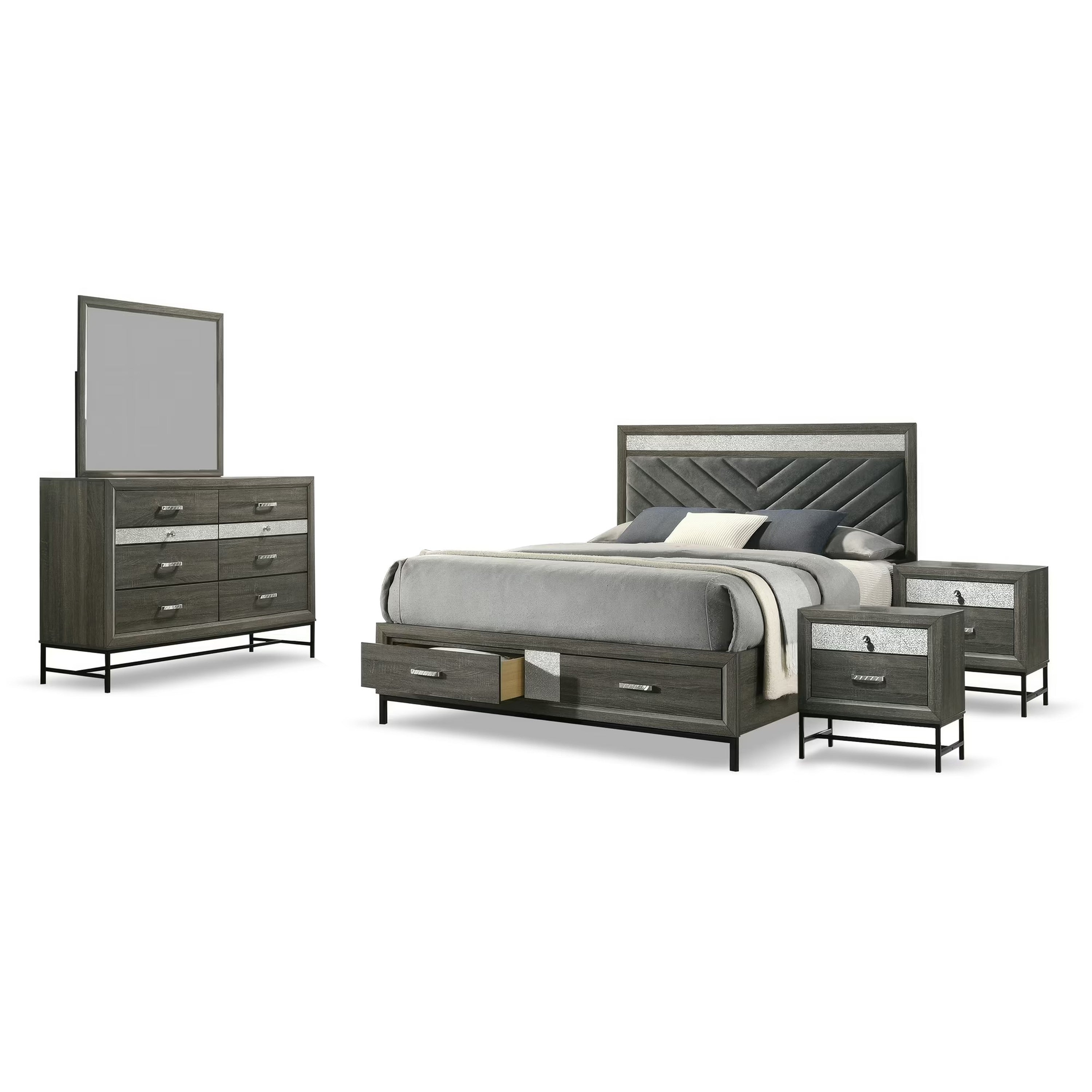 Lito 5Pc Queen Bedroom Set 2 Nightstands Gray Upholstery Storage Bed