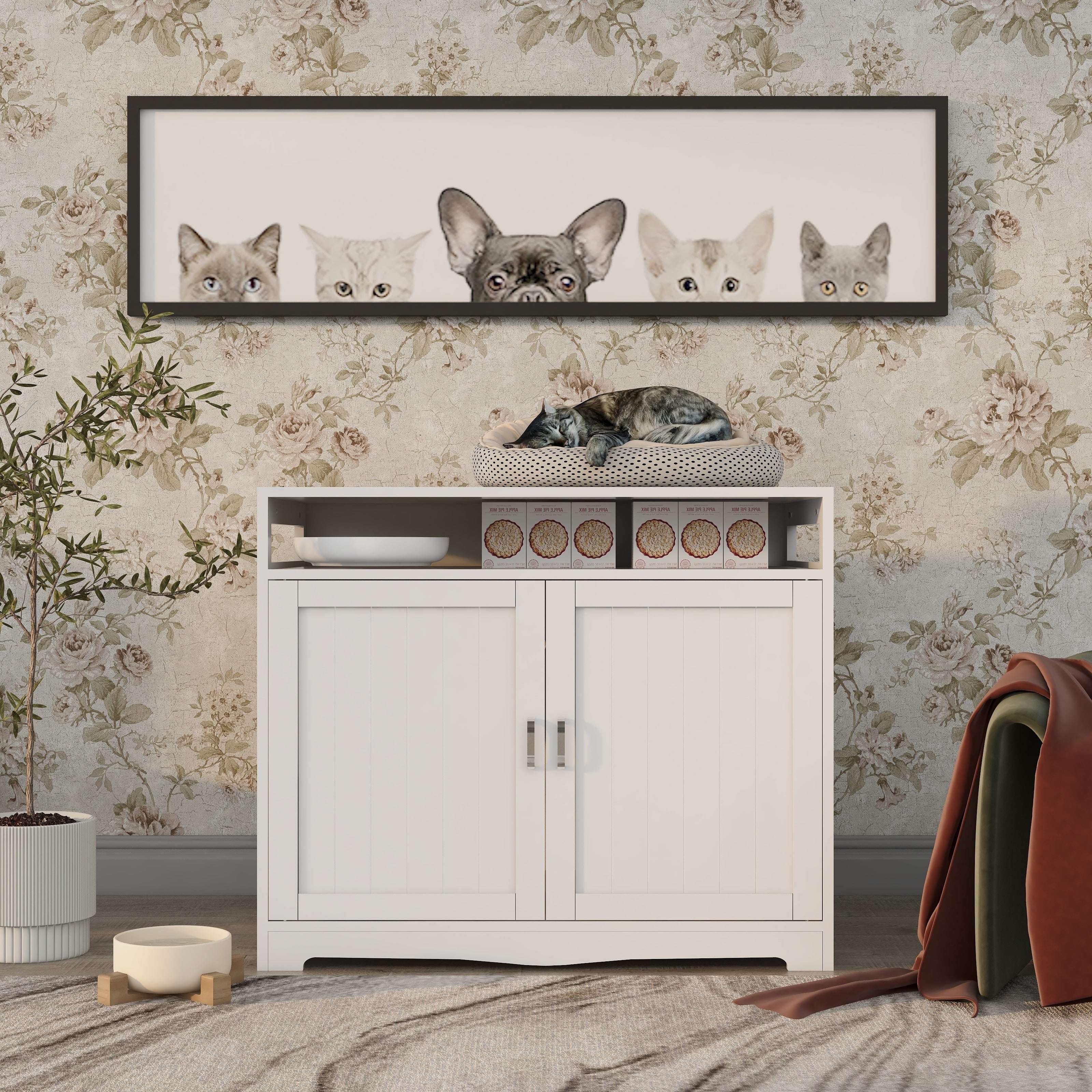 Litter Box Enclosure Cat Litter Box Furniture With Hidden Plug 2 Doors Indoor Cat Washroom Storage Bench Side Table Cat House