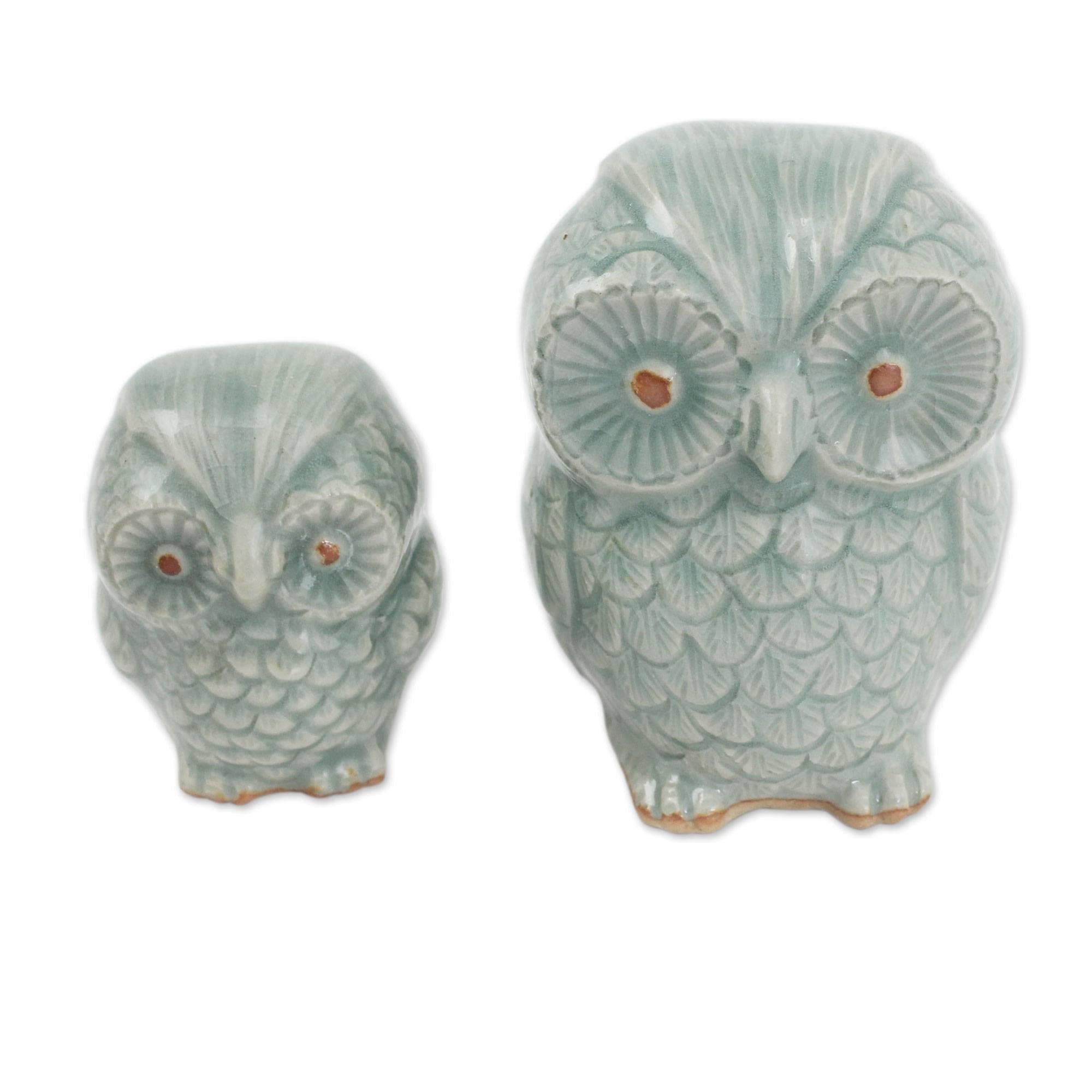 Little Light Blue Owls Celadon Ceramic Figurines Pair