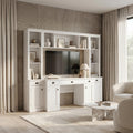 Living Room Entertainment Center With Writing Desk White Wooden Media Console Wall Unit With Hutch 5 Drawers 88.5 W