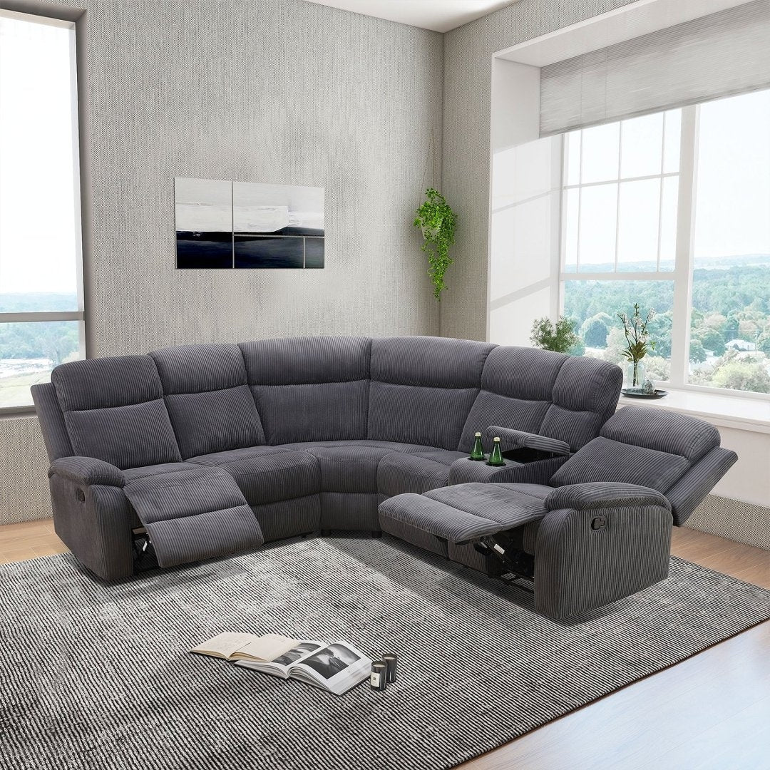 Living Room Recliner Intelligent 3 Piece Sofa Set With Dark Grey Stripe Fabric