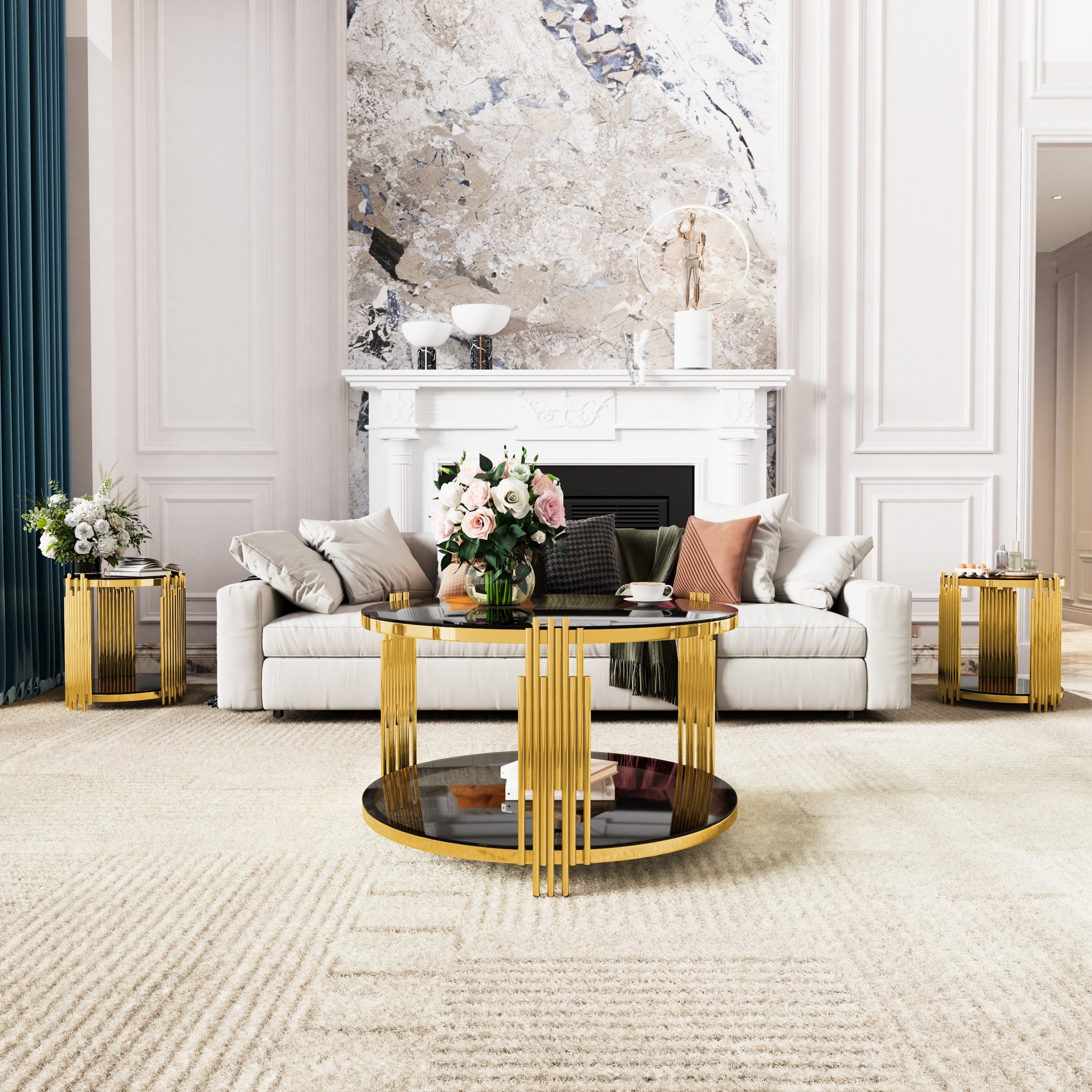 Living Room Table Set Of 3 With 1 Coffee Table And 2 End Tables Round Tempered Glass Asymmetrical Metal