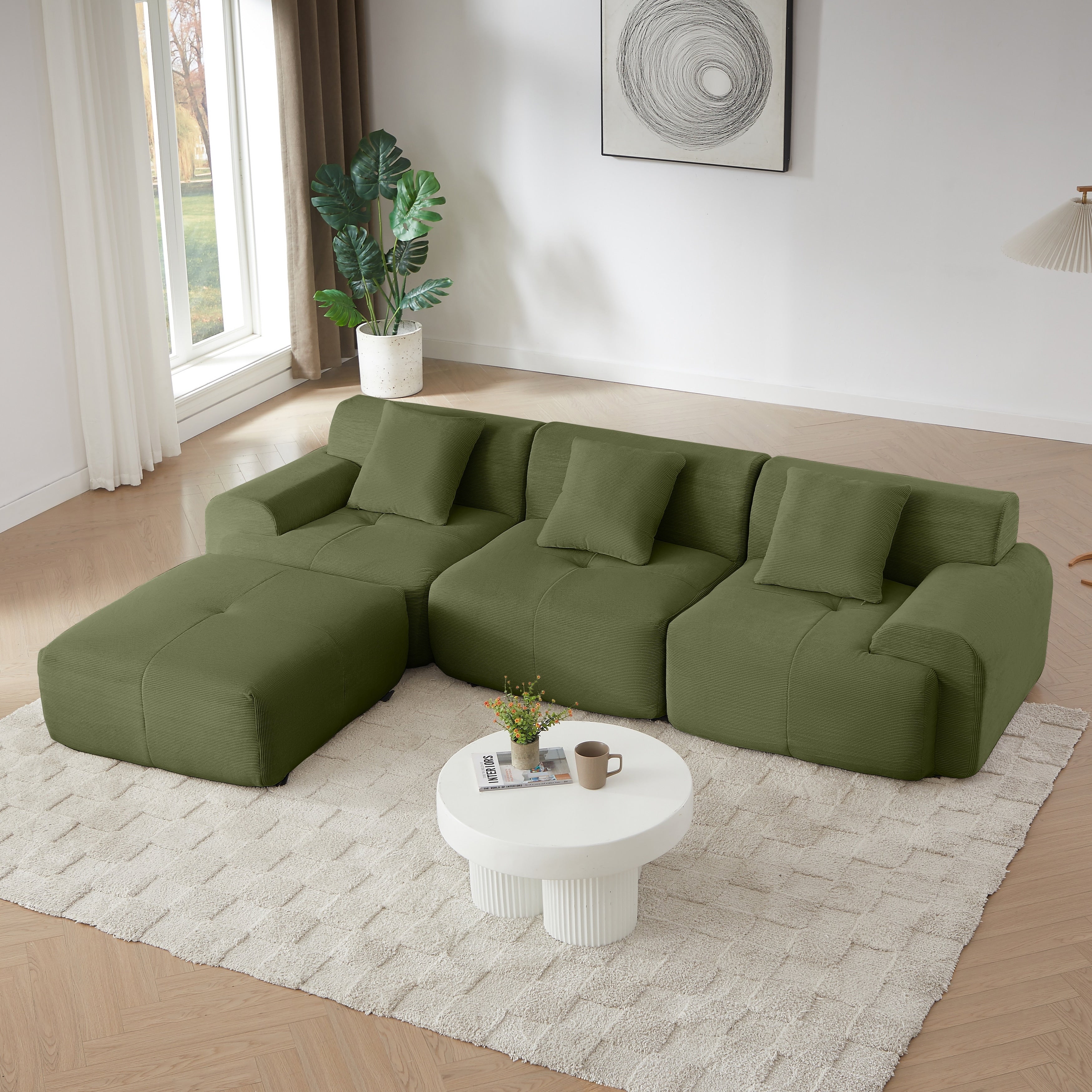 Livingroom L Shaped Corduroy Sectional Sofa Modular Couch 3 Seat Straight Sofa With Movable Ottoman