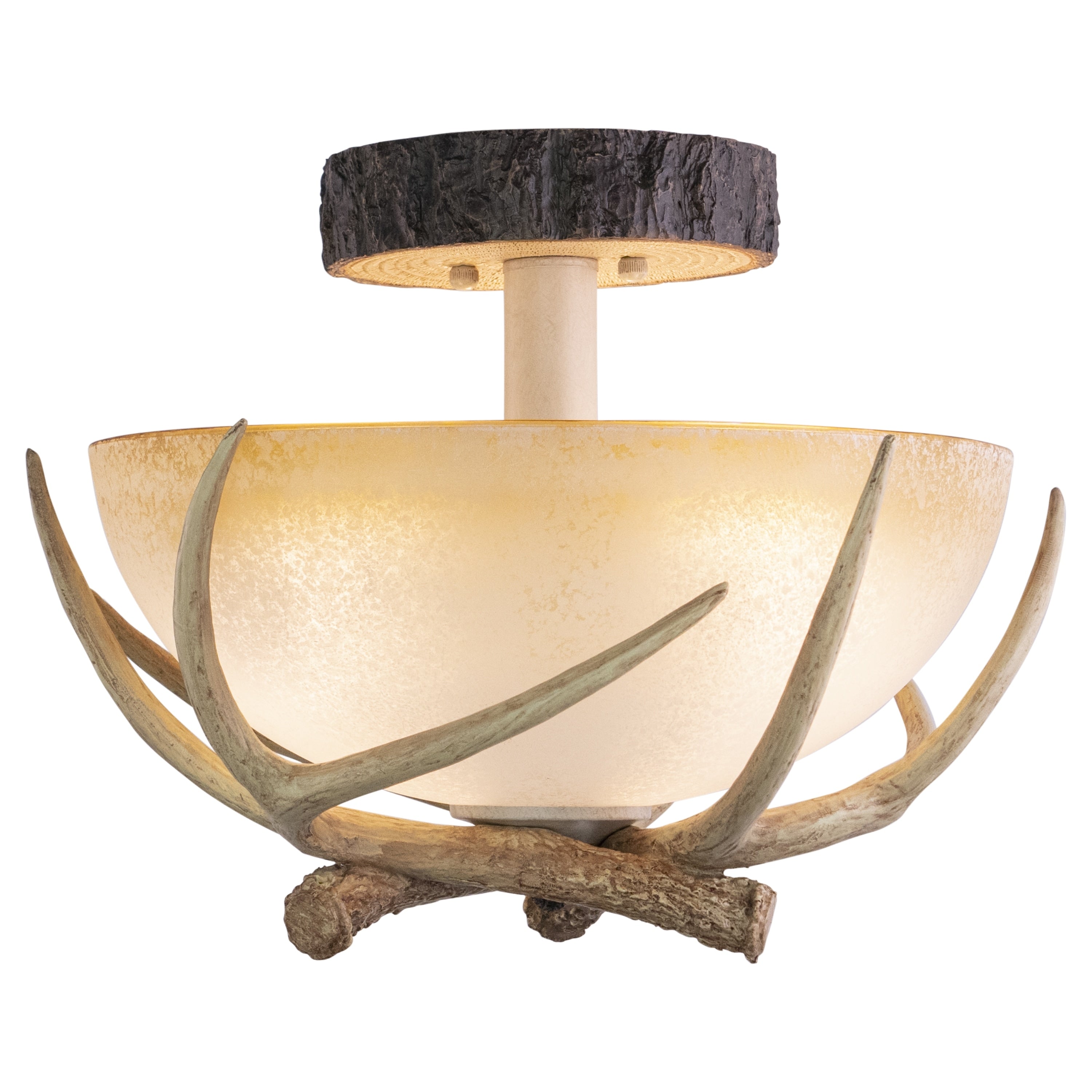 Lodge 16 In W Cream Rustic Antler Bowl Semi Flush Mount Ceiling Light Cream Glass 16 In W X 12.75 In H X 16 In D