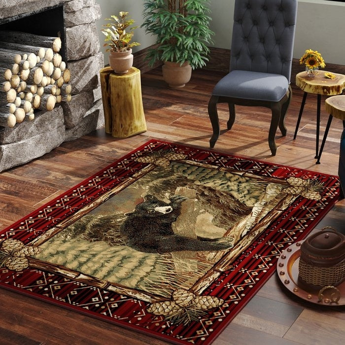 Rustic Lodge Pine Black Bear Cub Log Area Rug 710 X 910