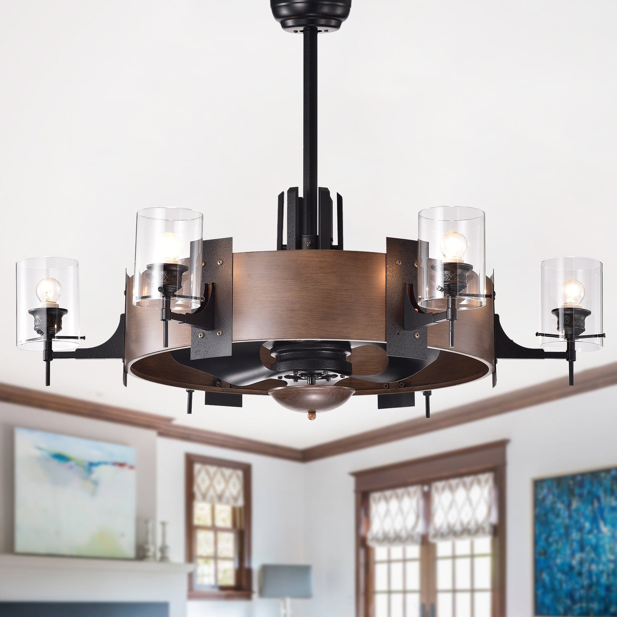 Lodgin Faux Wood 35 Inch 6 Light Lighted Ceiling Fan Fandelier With Glass Pillar Lamps Includes Remote And Light Kit