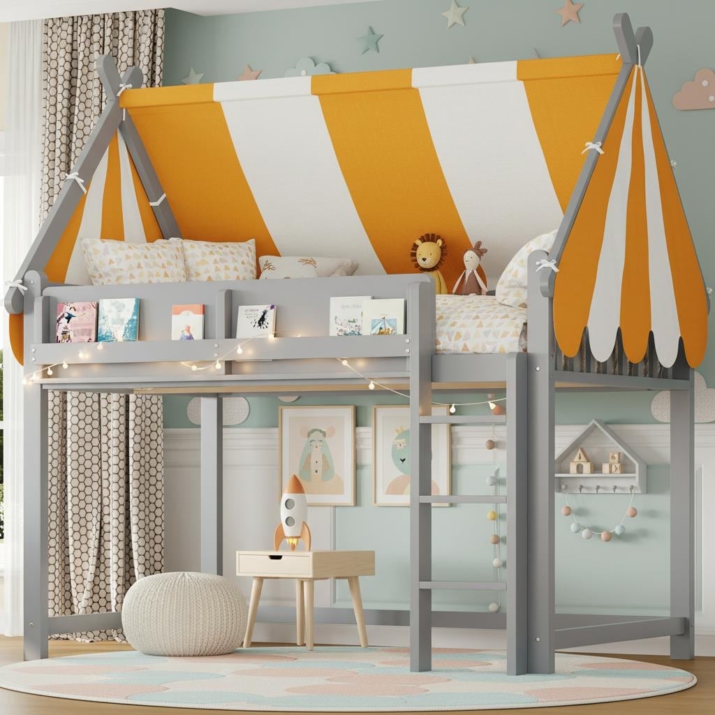 Loft Bed With Canopy Led Fairy Lights Front Bookshelf By Harper Bright Designs