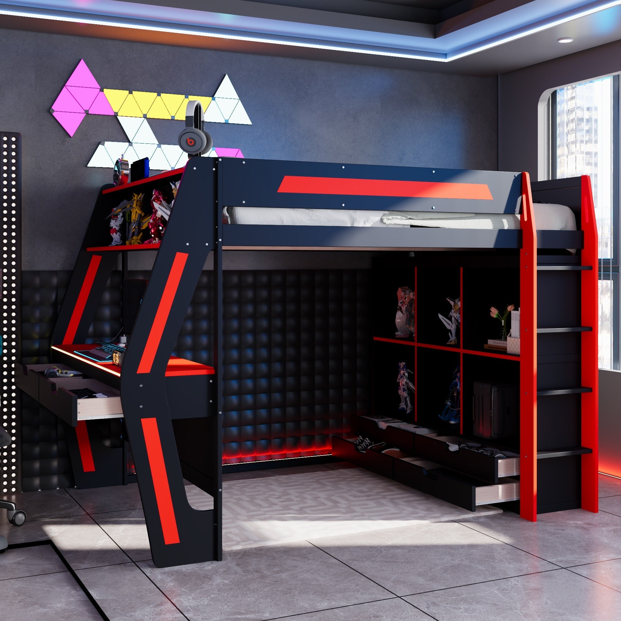 Loft Bed With Desk Smart Rgb Led Lights And Usb Ports Wooden High Bed With 6 Storage Cubbies Drawers