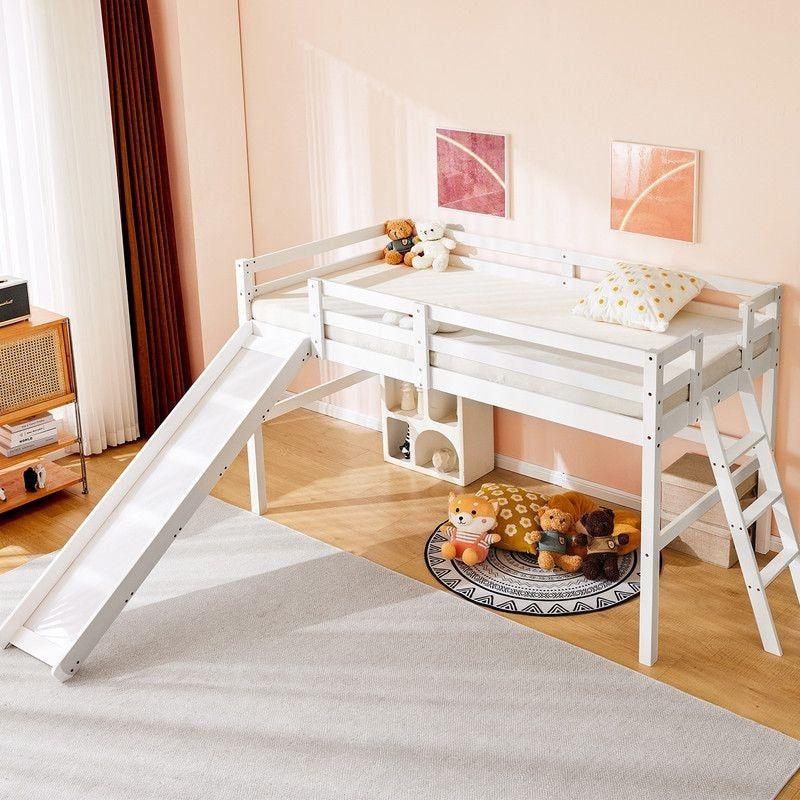 Loft Bed With Slide Twin Space Saving Kids Low Loft Bed With Guardrail And Ladder