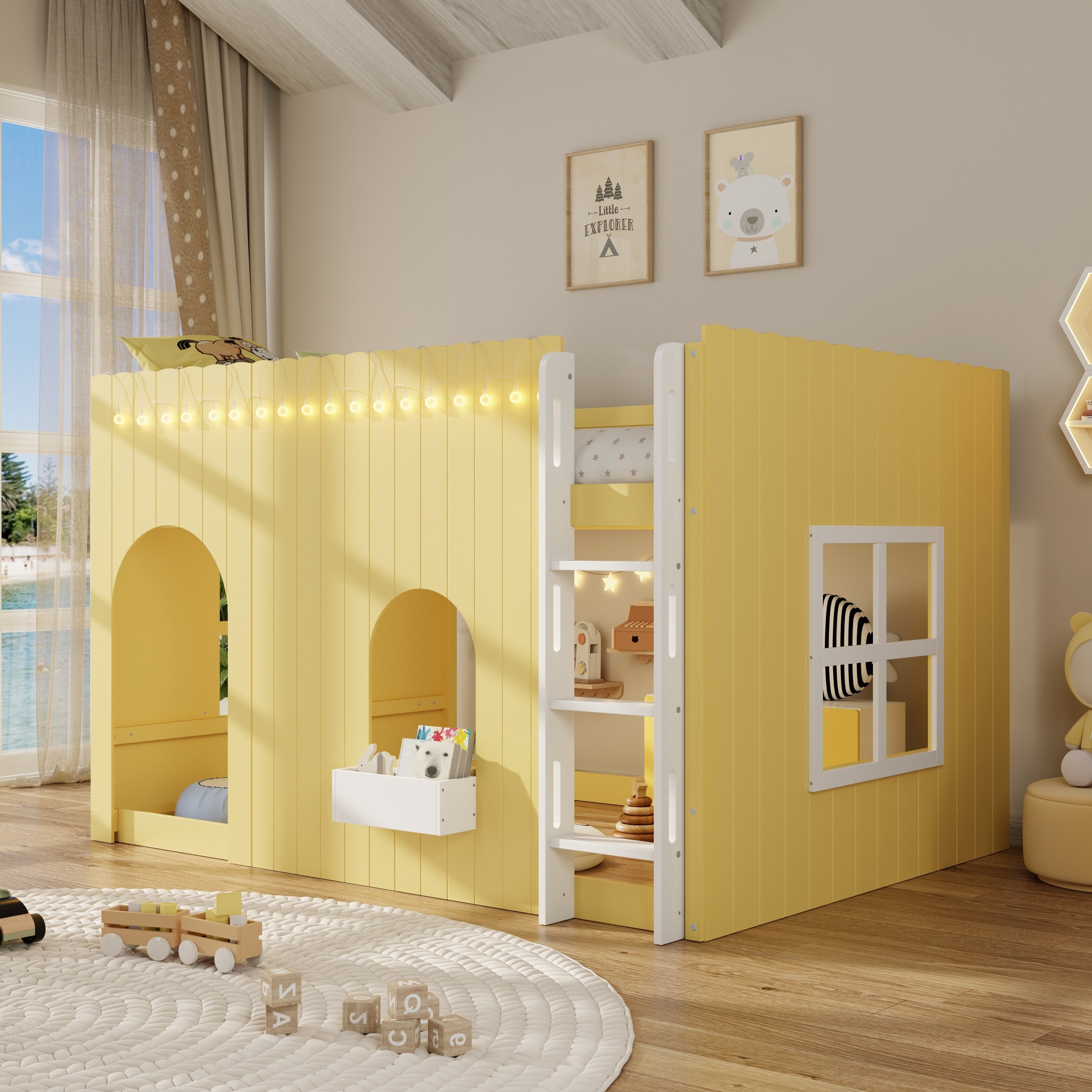 Loft Bed With Warm Led Light String For Bedroom