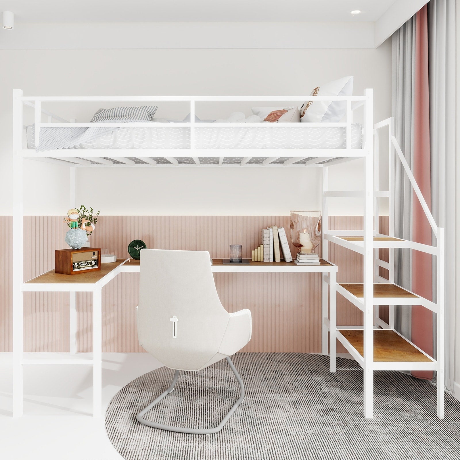 Loft Bed With L Shaped Desk Large Storage Space And Storage Compartments Sturdy Bed Frame With Stairs