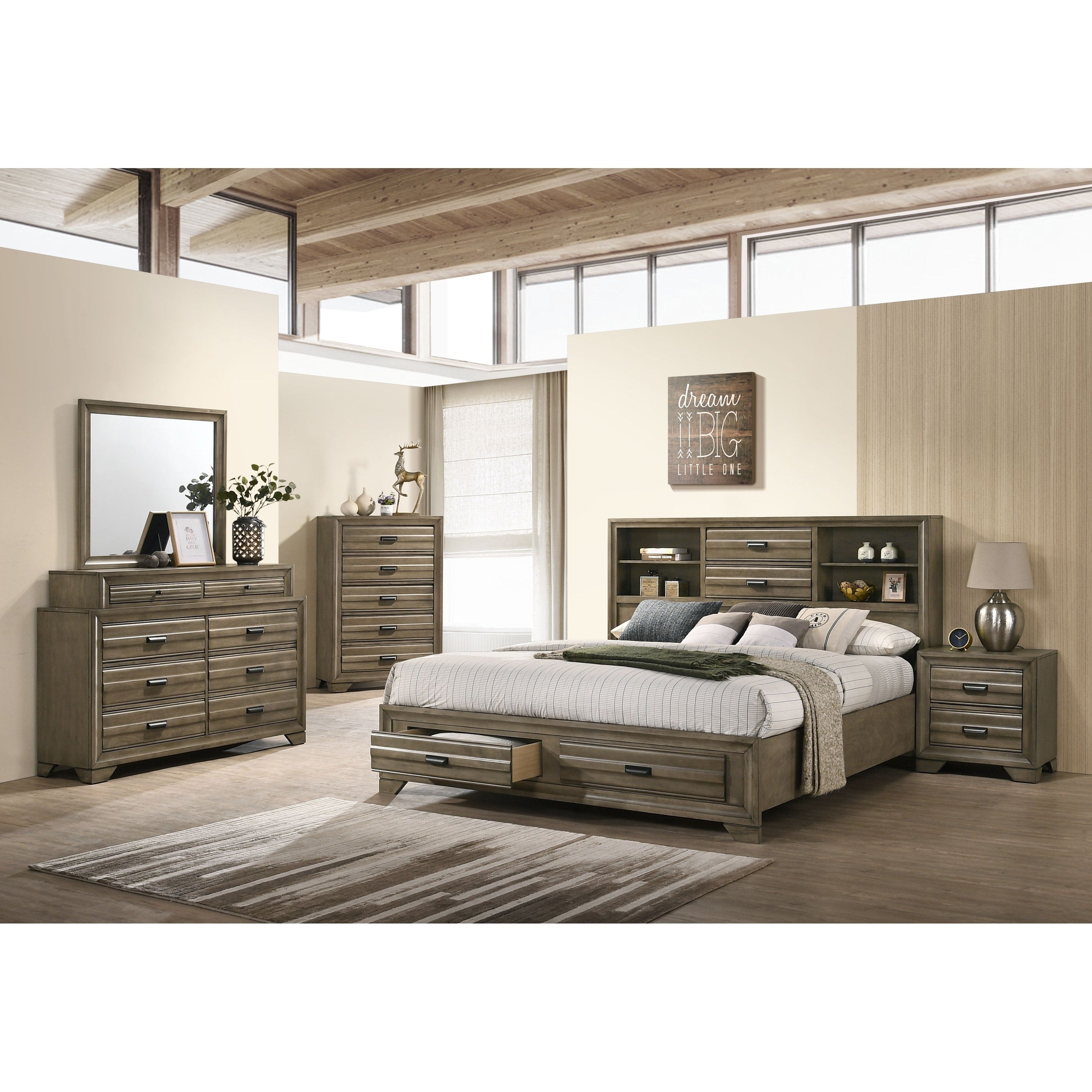 Loiret Light Grey Finish Wood Storage Platform Bedroom Set With Dresser Mirror Nightstand Chest