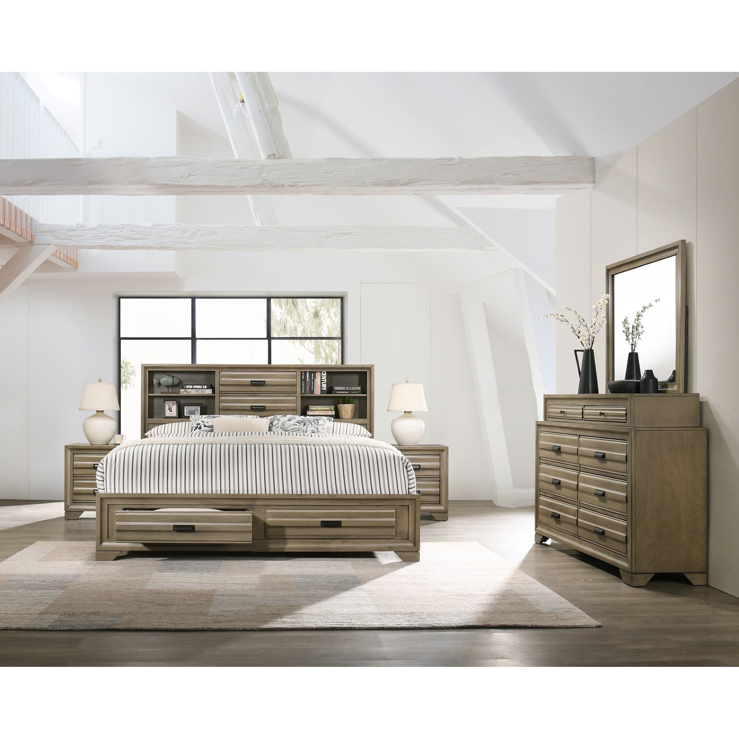 Loiret Light Grey Finish Wood Storage Platform Bedroom Set With Dresser Mirror Two Nightstands
