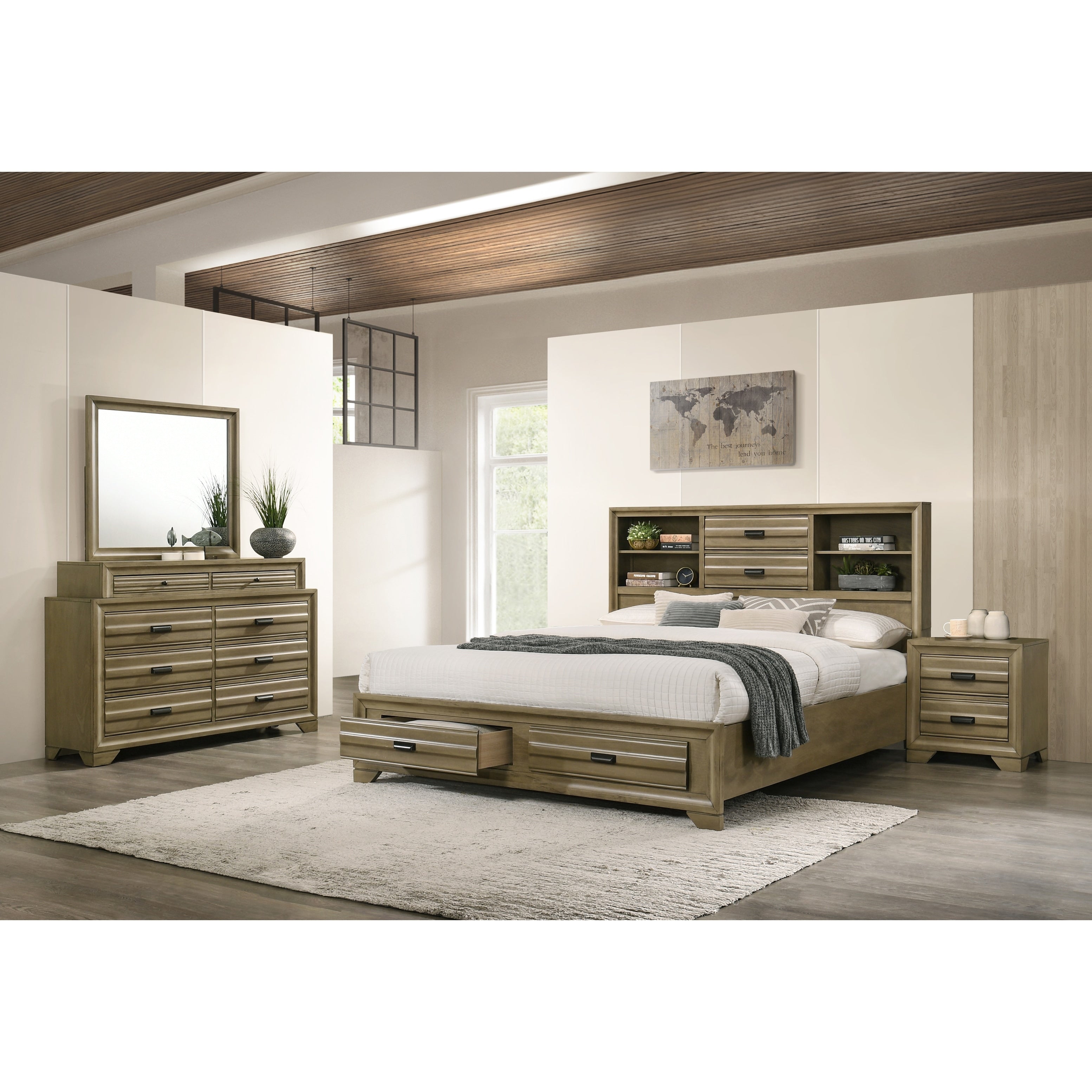 Loiret Light Grey Finish Wood Storage Platform King Bedroom Set With Dresser Mirror Nightstand