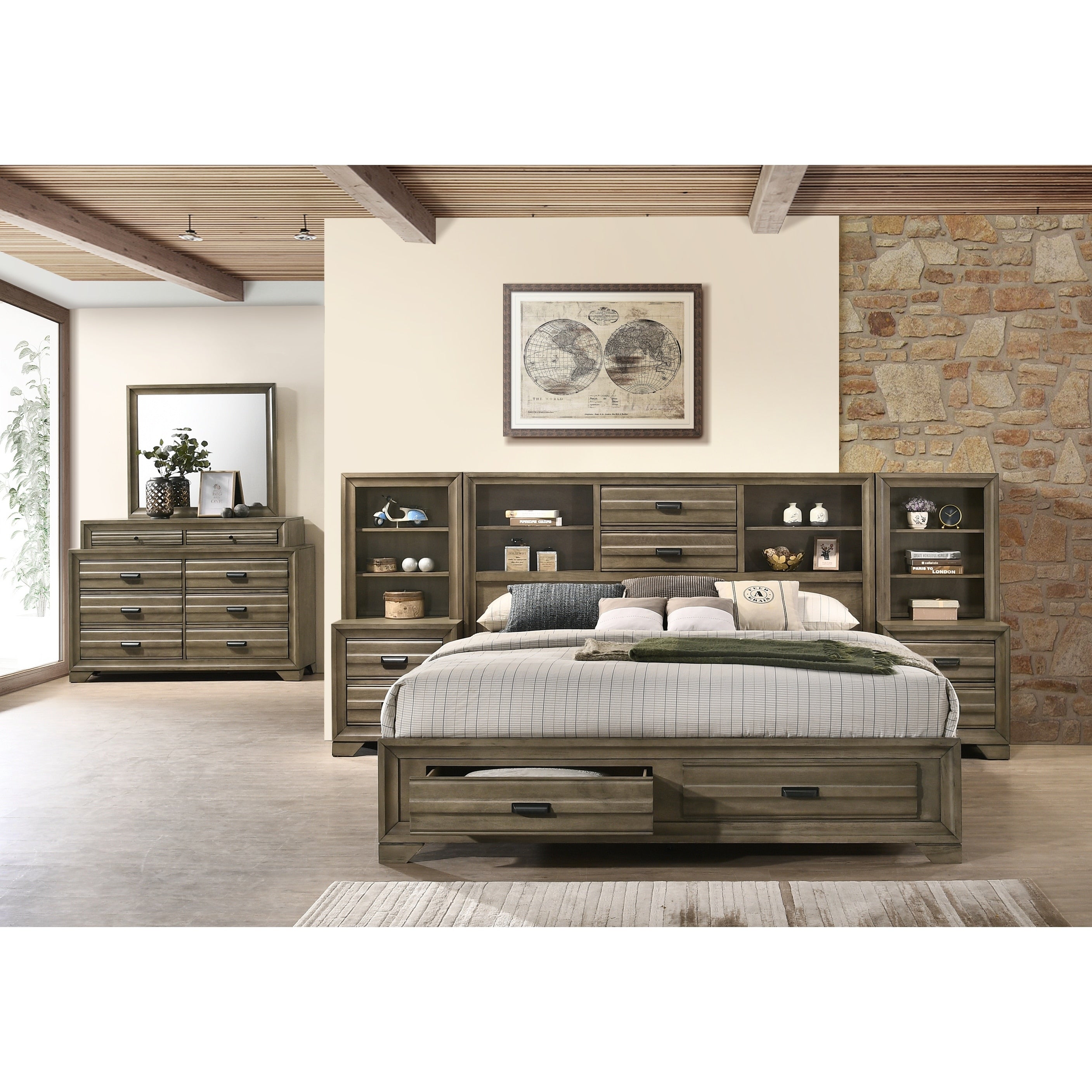 Loiret Light Grey Finish Wood Storage Platform Wallbed With Dresser And Mirror