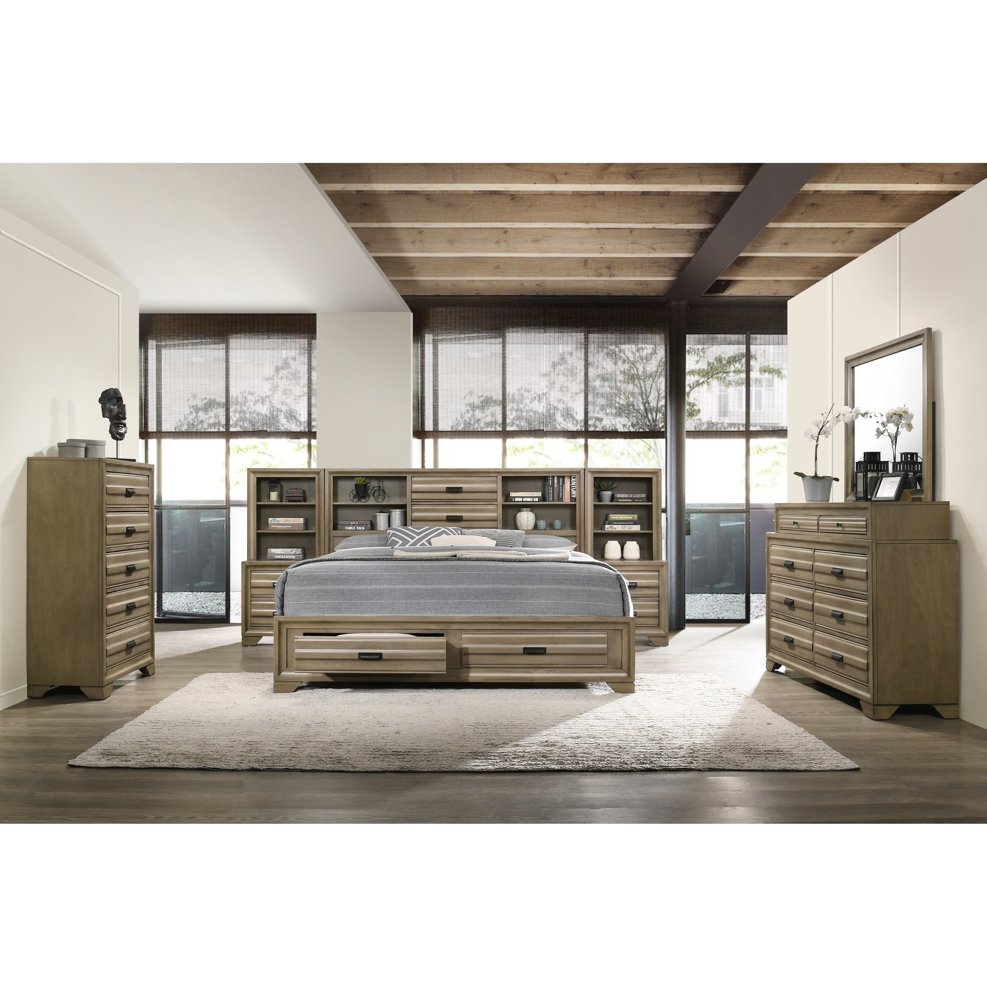 Loiret Light Grey Finish Wood Storage Platform Wallbed With Dresser Mirror Chest