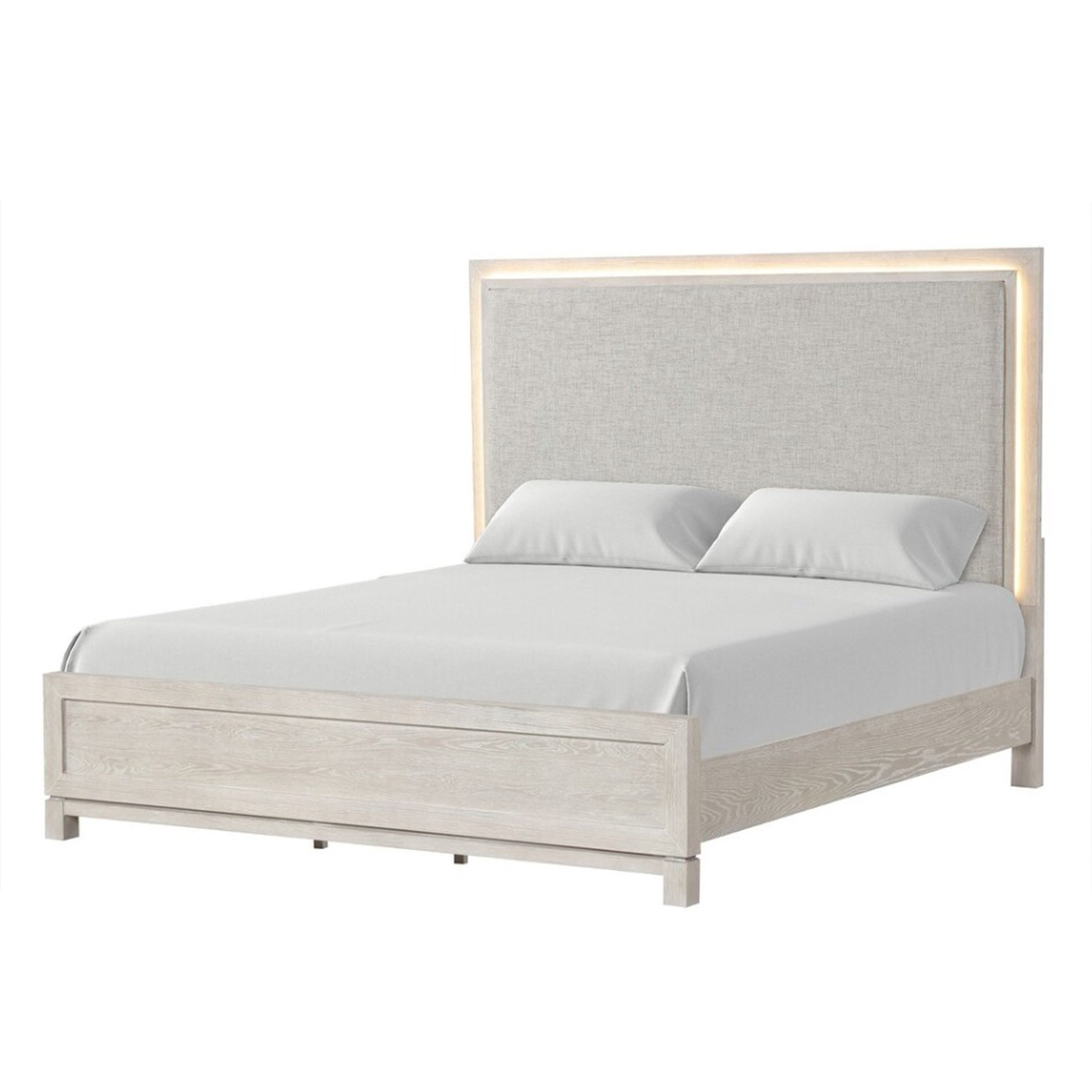 Loji Queen Size Bed W Led Headboard Weathered Gray Solid Rubberwood