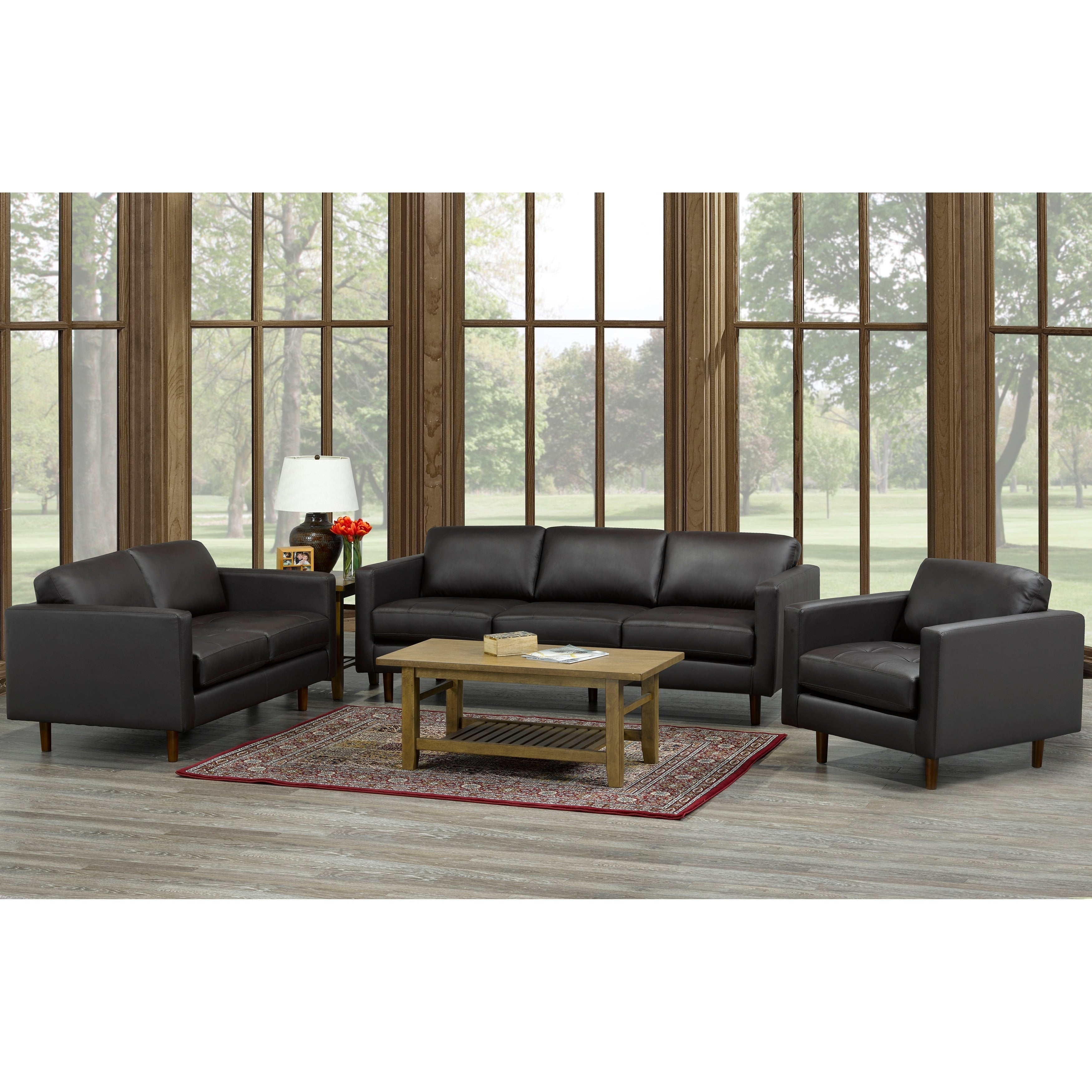 Lola Mid Century Modern Chocolate Brown Top Grain Italian Leather Tufted Sofa Loveseat And Chair