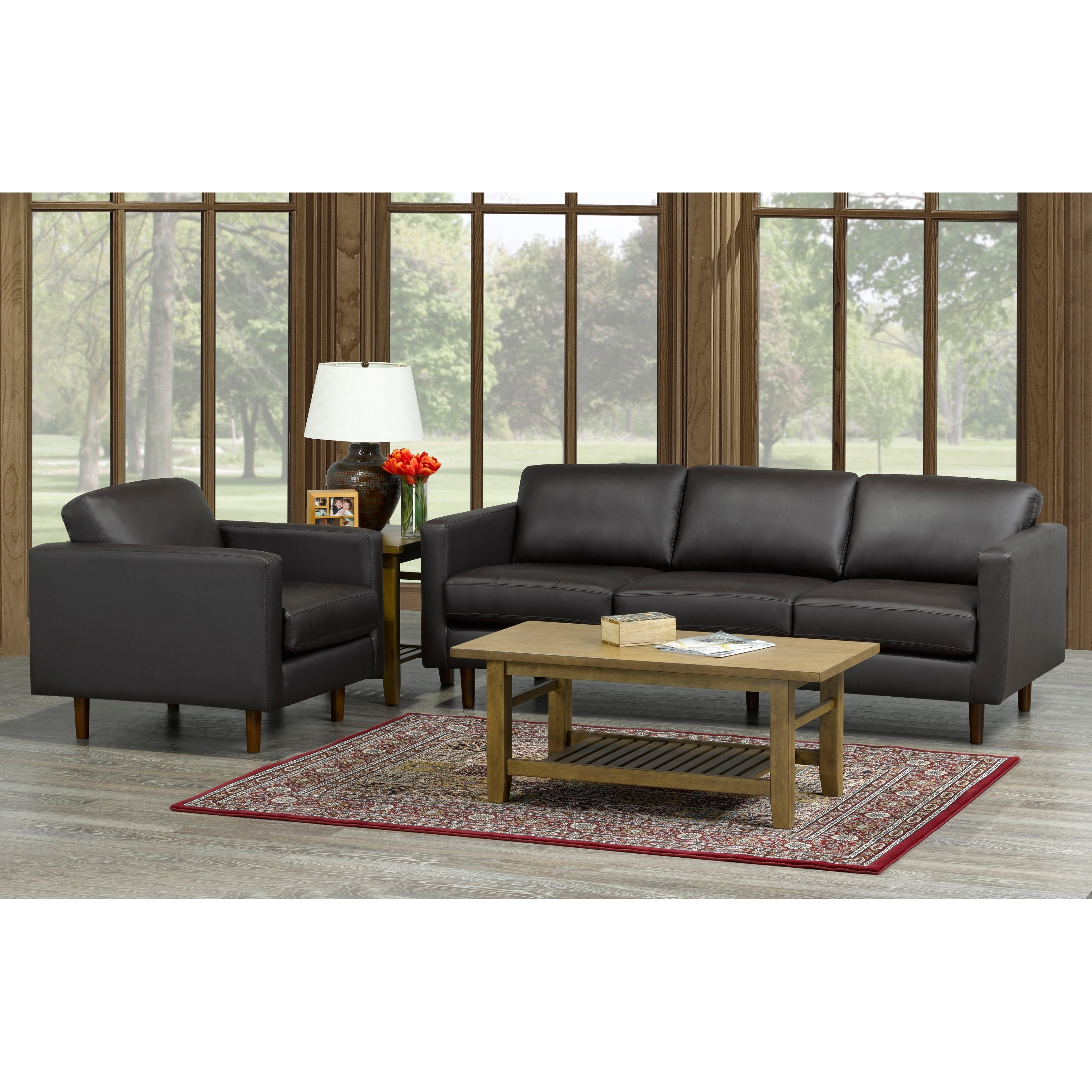 Lola Mid Century Modern Chocolate Brown Top Grain Italian Leather Tufted Sofa And Chair