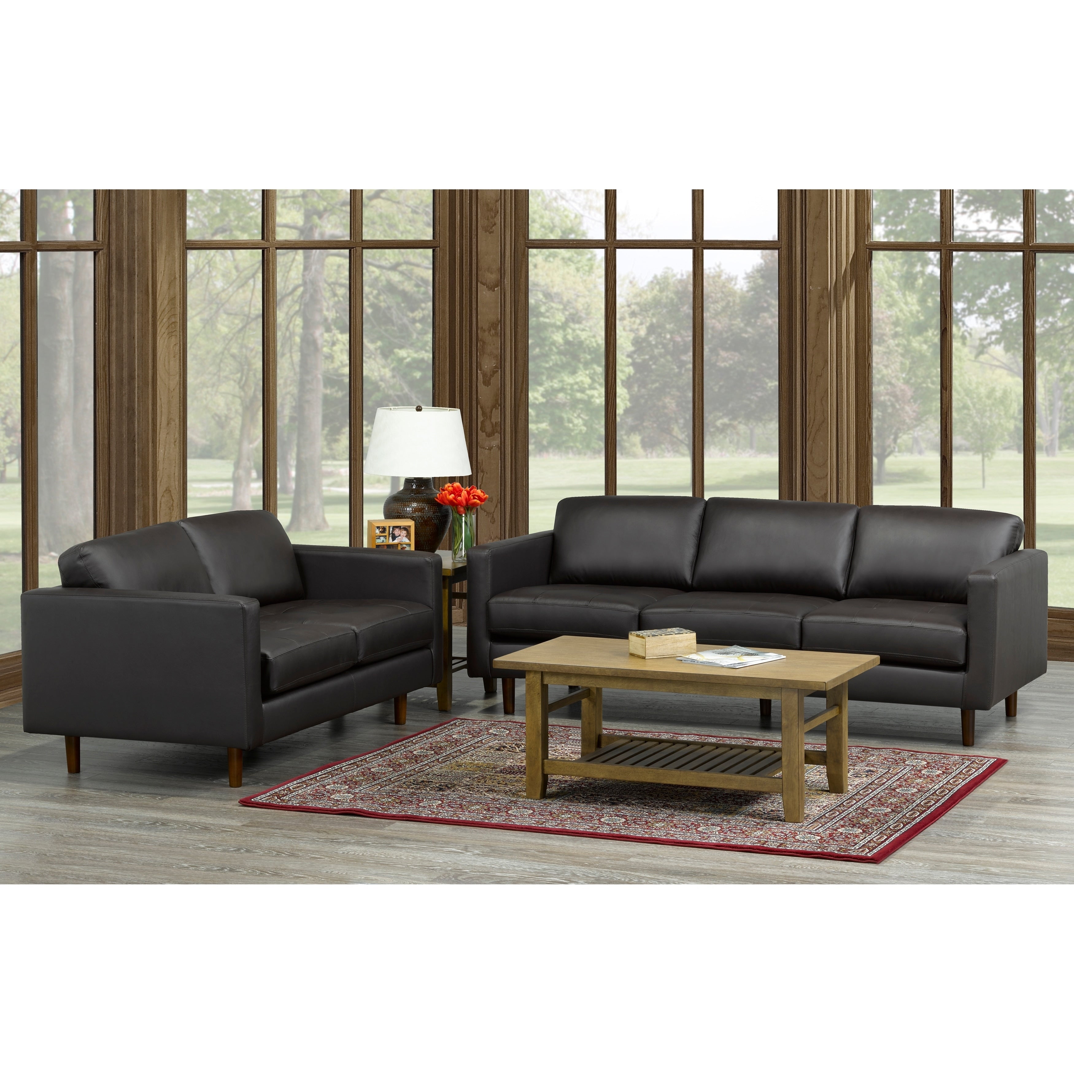 Lola Mid Century Modern Chocolate Brown Top Grain Italian Leather Tufted Sofa And Loveseat