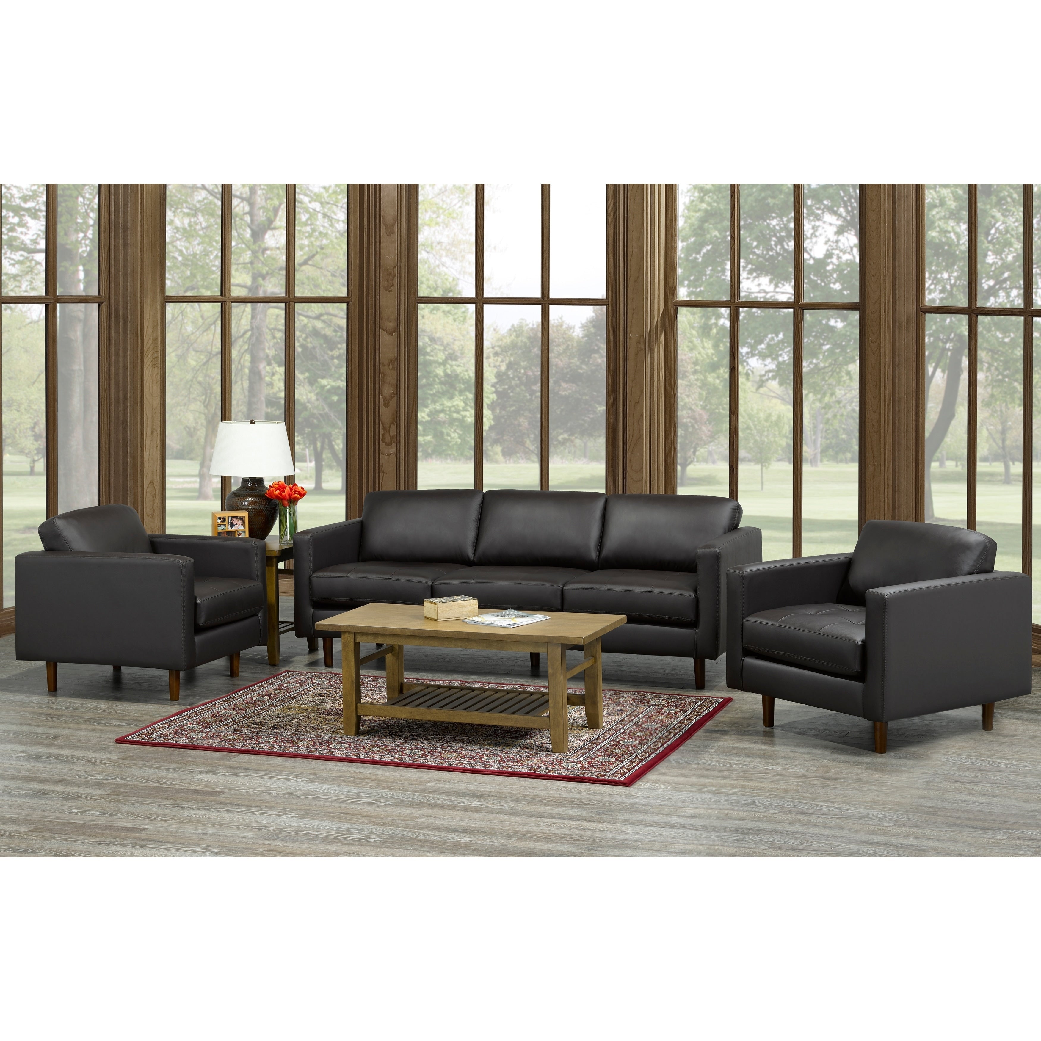 Lola Mid Century Modern Chocolate Brown Top Grain Italian Leather Tufted Sofa And Two Chairs