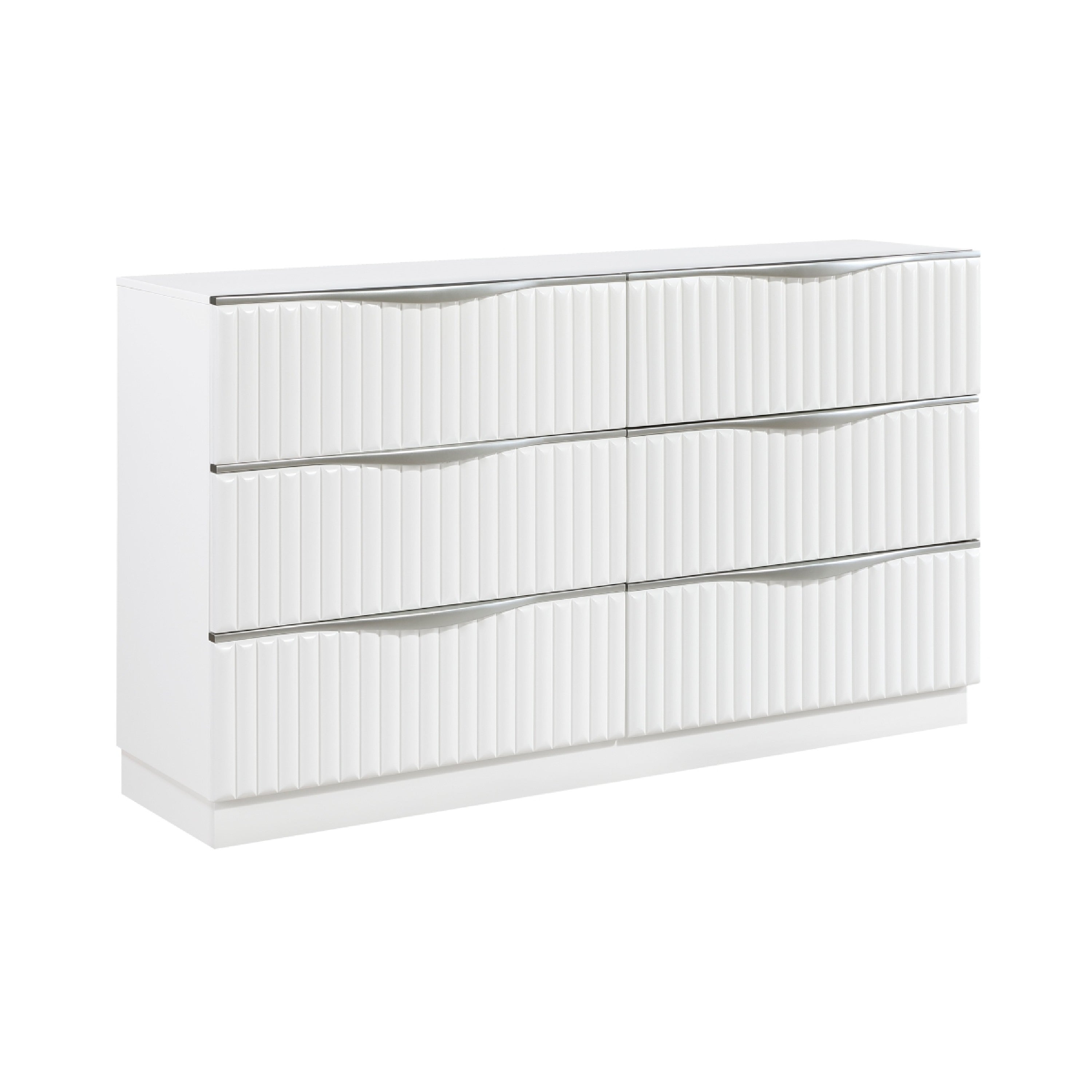 Lon Wide Dresser 6 Drawers W Edge Handles Ribbed Front Pearl White