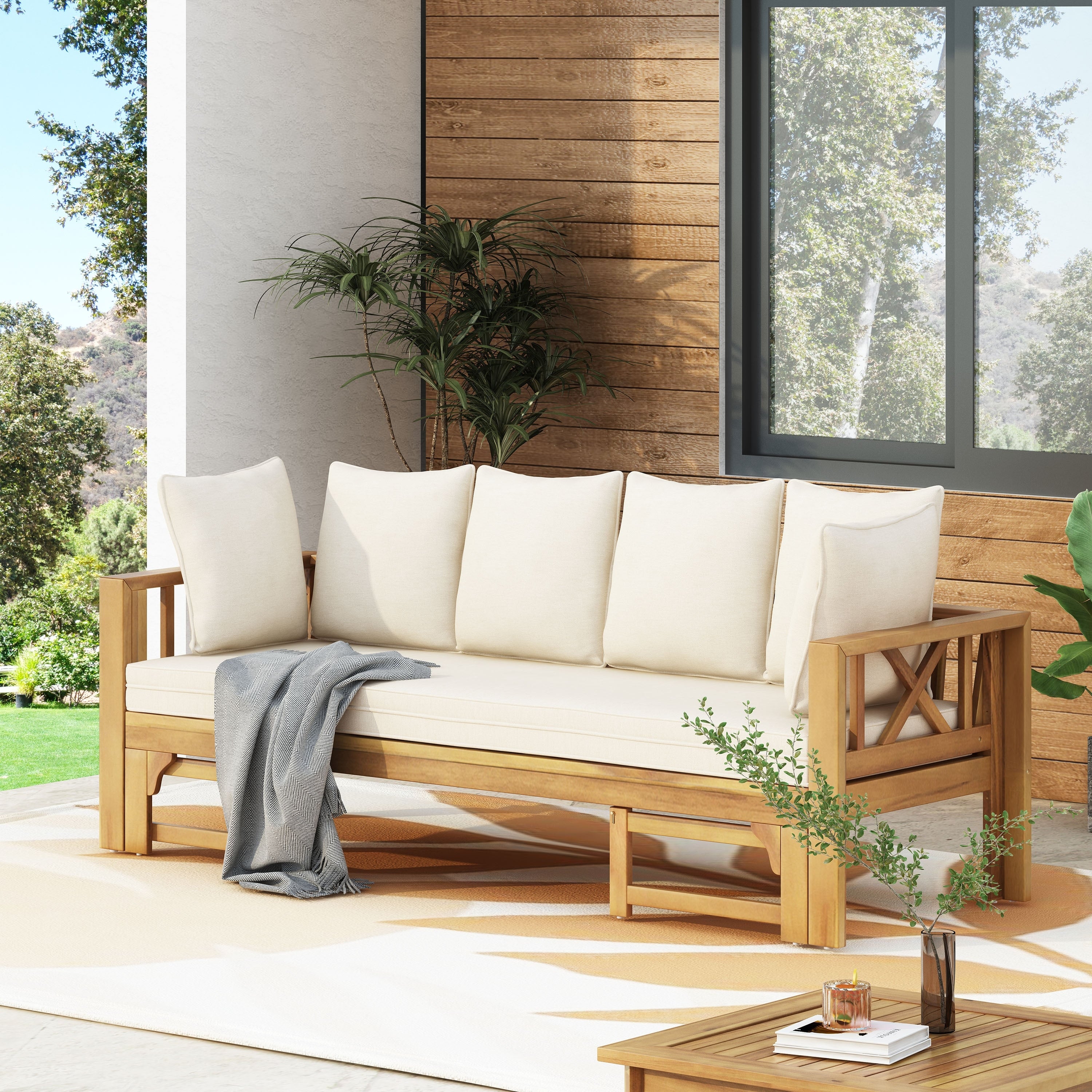 Long Beach Outdoor Extendable Acacia Wood Daybed Sofa By Christopher Knight Home