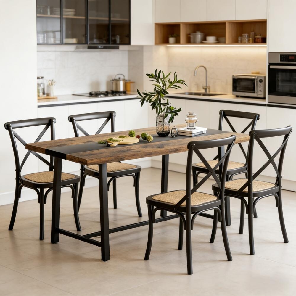 Long Dining Table Kitchen Table With Large Tabletop And Steel Legs For Your Home Black Rustic Brown